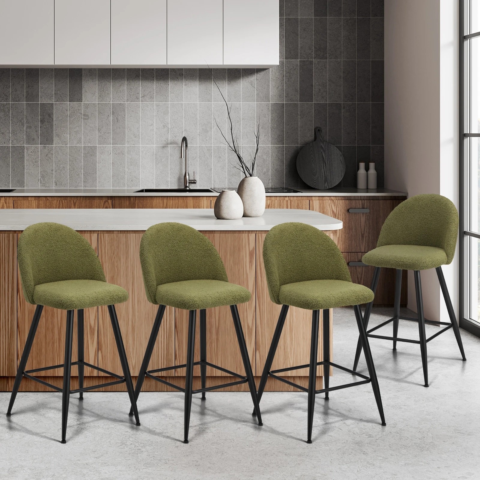 2 Oikiture 4x Bar Stools Kitchen Dining Chairs Counter Stool Boucle Padded
 - Green, 2 of 10