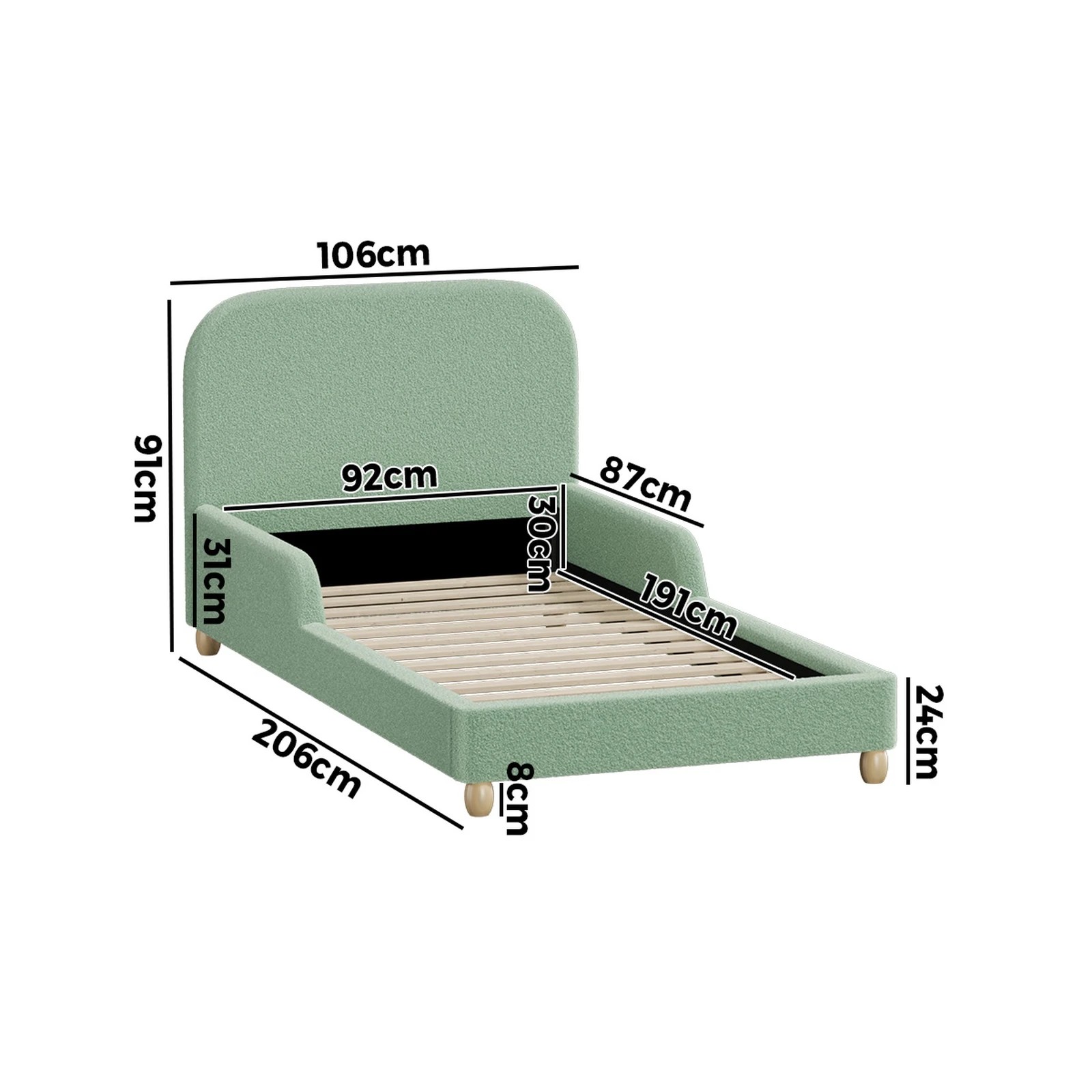 2 Oikiture Kids Bed Frame Single Size Base with Side Guard Rails Boucle - Green, 2 of 7