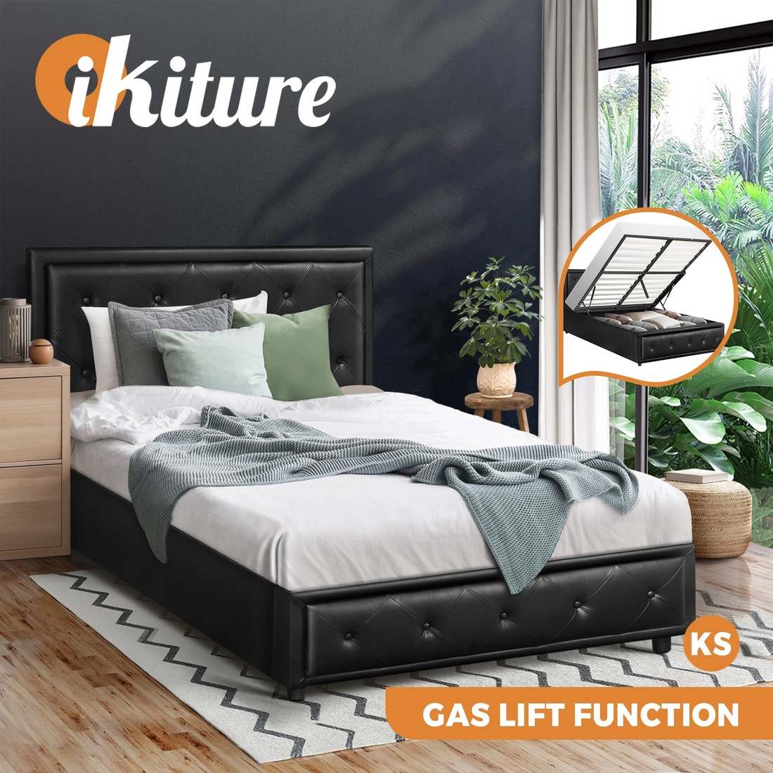 Oikiture King Single Bed Frame Gas Lift Base With Storage Enzo - Black ...