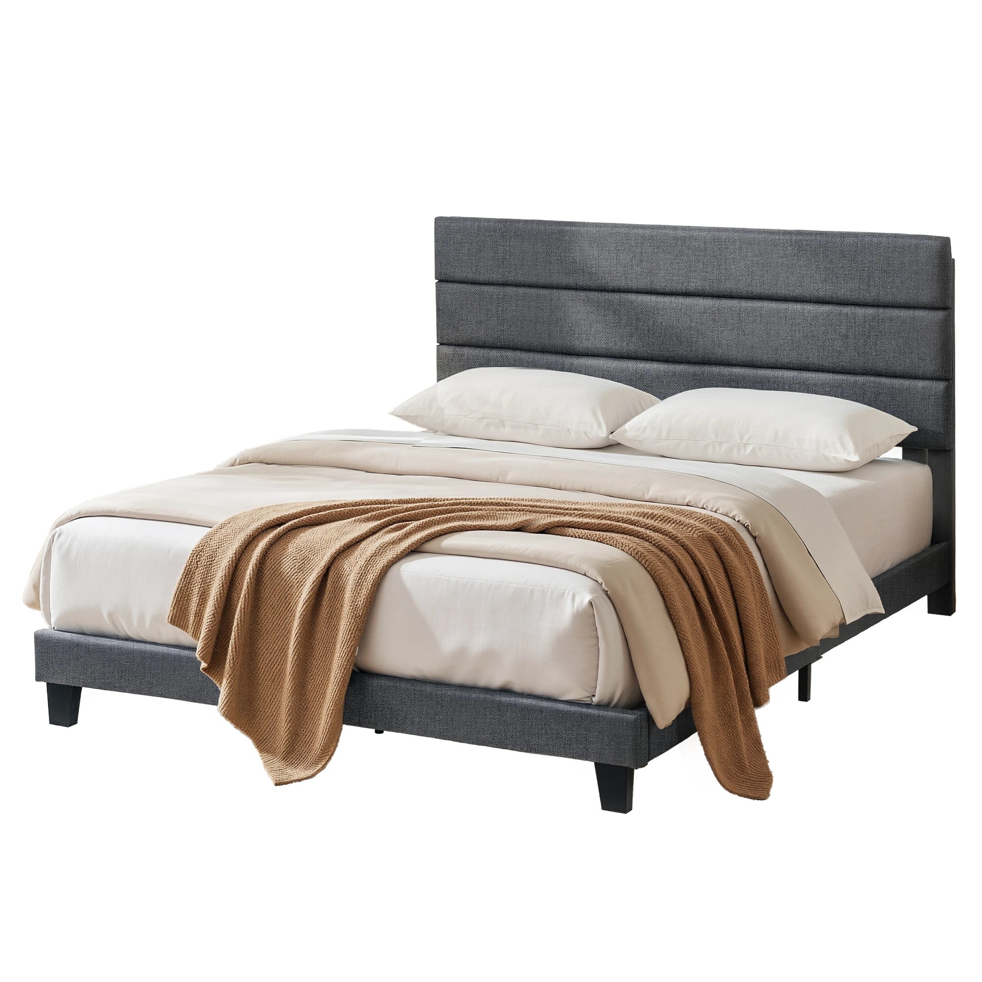 1 Artiss King Bed Frame Upholste Platform Base with Geometric Headboard Charcoal  Linen  Slats - Brown, 1 of 1