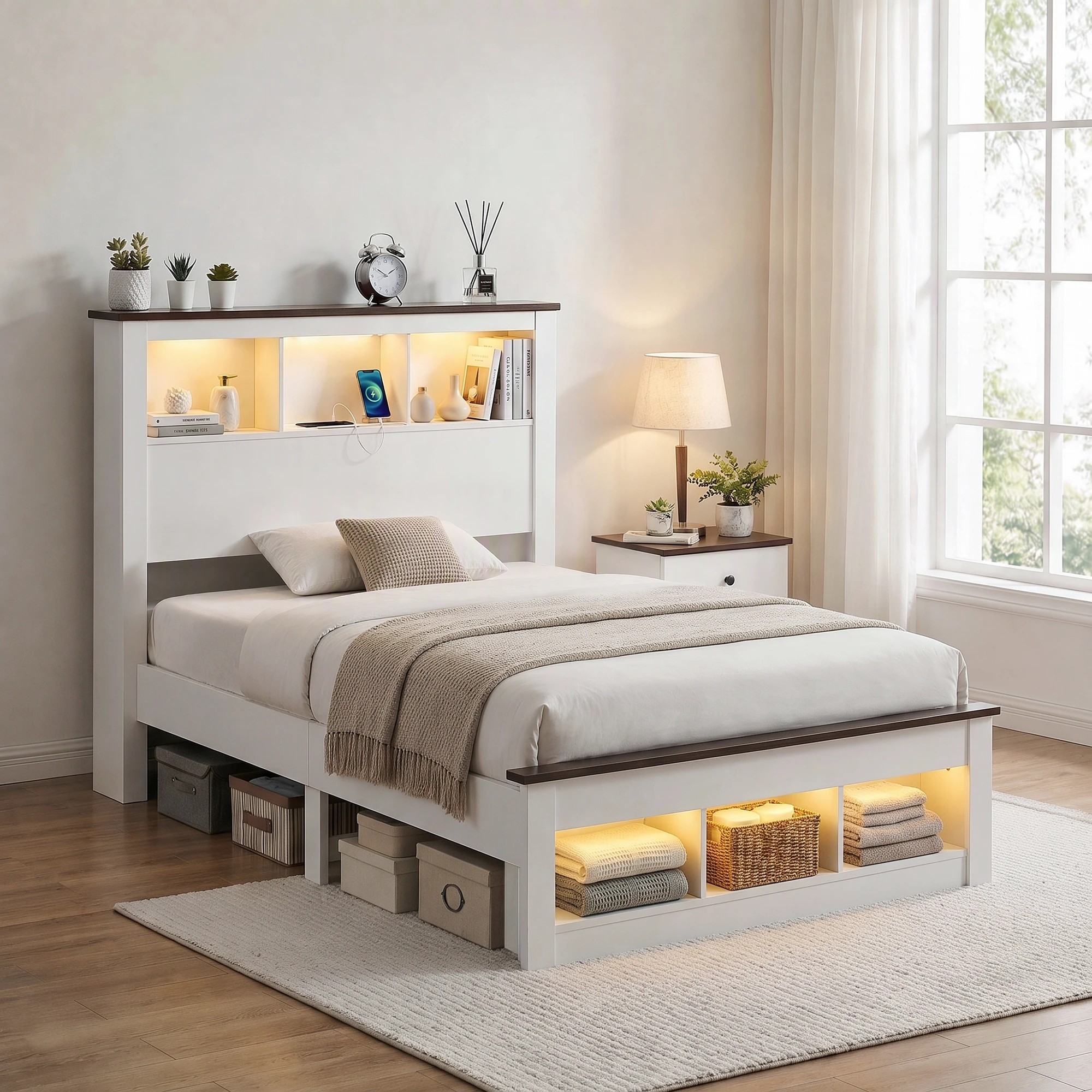 9 Artiss Bed Frame with Storage Bookcase Headboard and Footboard, - Single Bed - White, 9 of 9