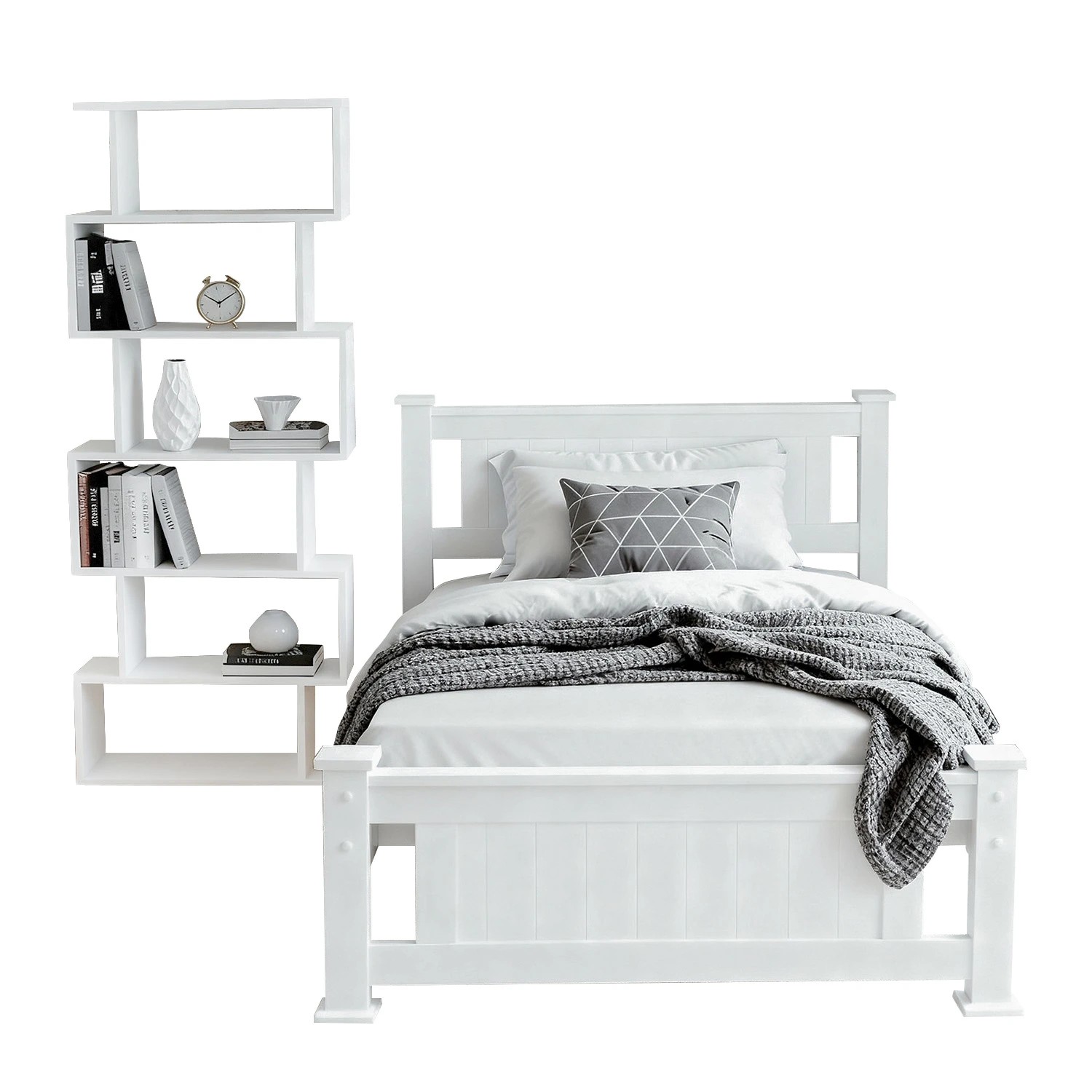 1 Artiss King Single Bed Frame and Bookshelf - White, 1 of 8