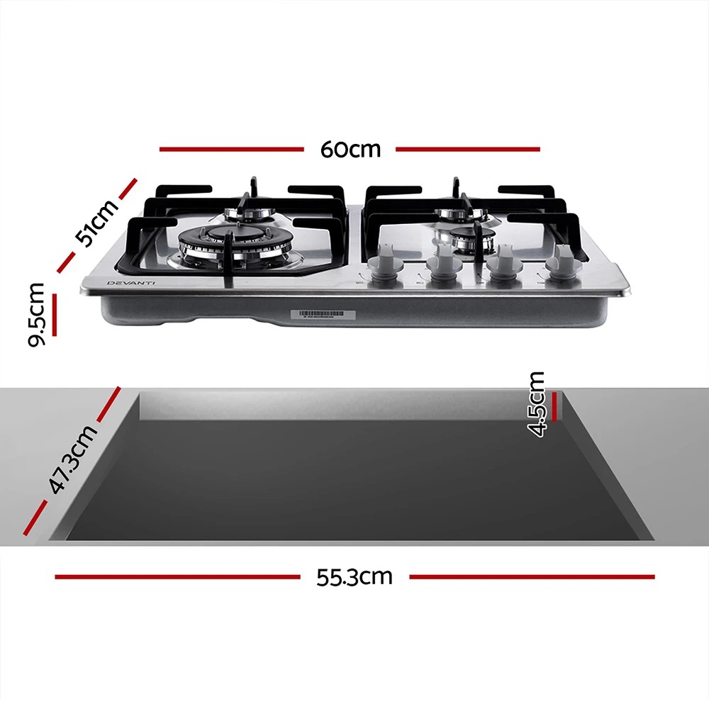 2 Devanti Gas Cooktop 60cm 4 Burner Silvir - Silver, 2 of 6