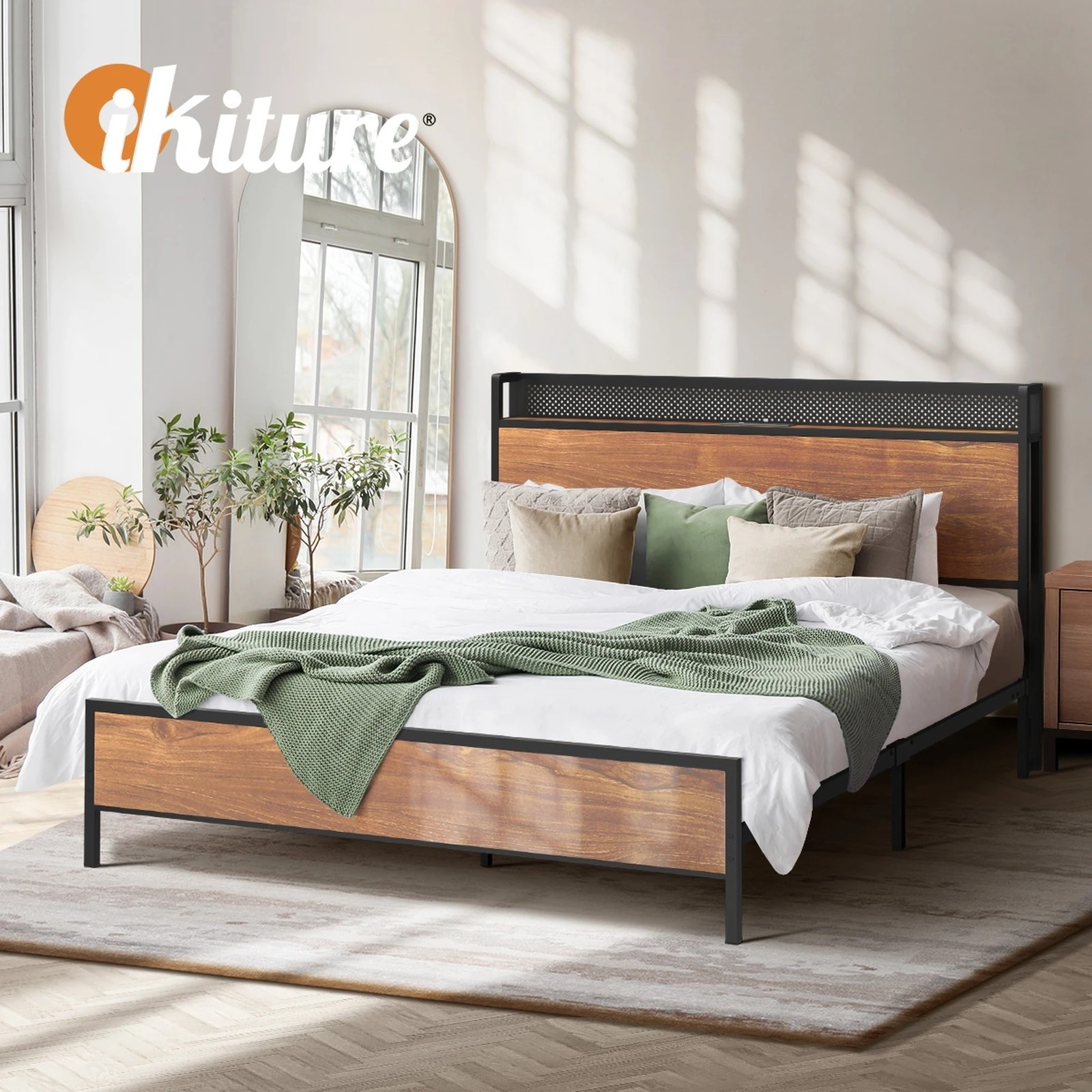 5 Oikiture Metal Bed Frame Queen Size Led Light Usb Charge Storage Headboard
 - Black, 5 of 7