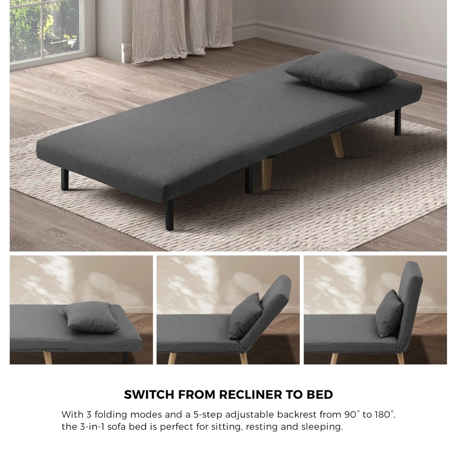 4 Oikiture Sofa Bed Lounge Chair Linen Fabric Recliner Wood Leg Single Seat
 - Grey, 4 of 9