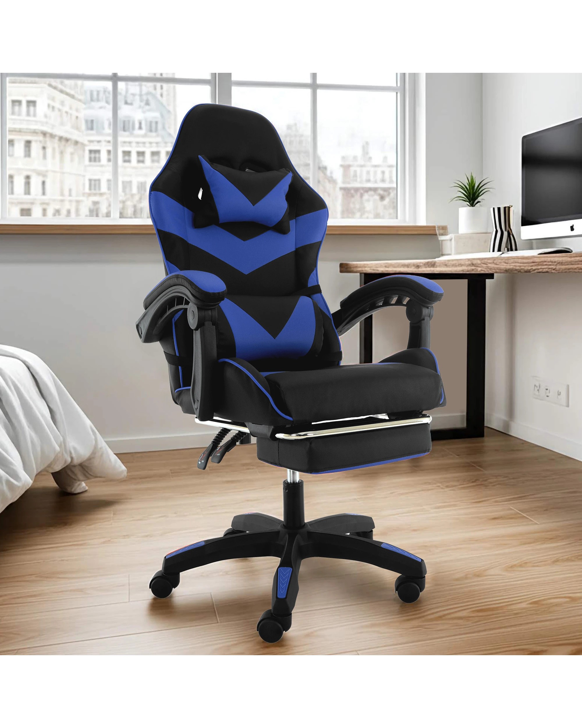 4 Sarantino Cueva Reclining Office Gaming Chair Study Retractable Footrest - Blue, 4 of 7