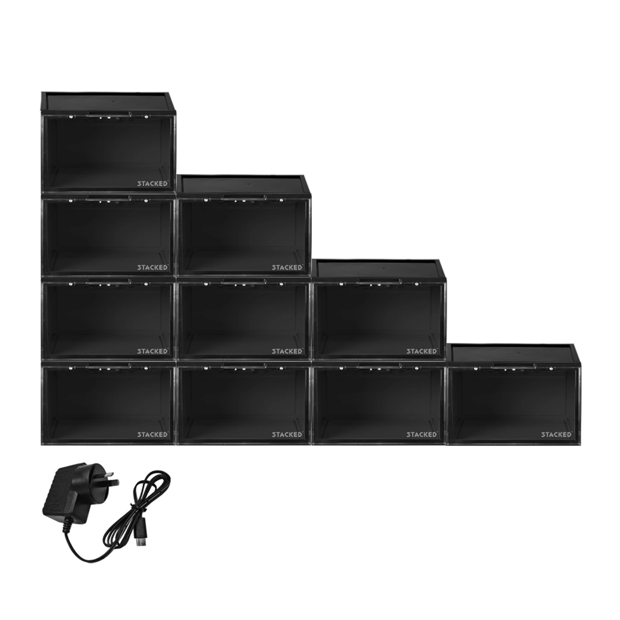 1 Stacked 10PCS Black Plastic Display Shoe Box with LED Lights - Black, 1 of 8