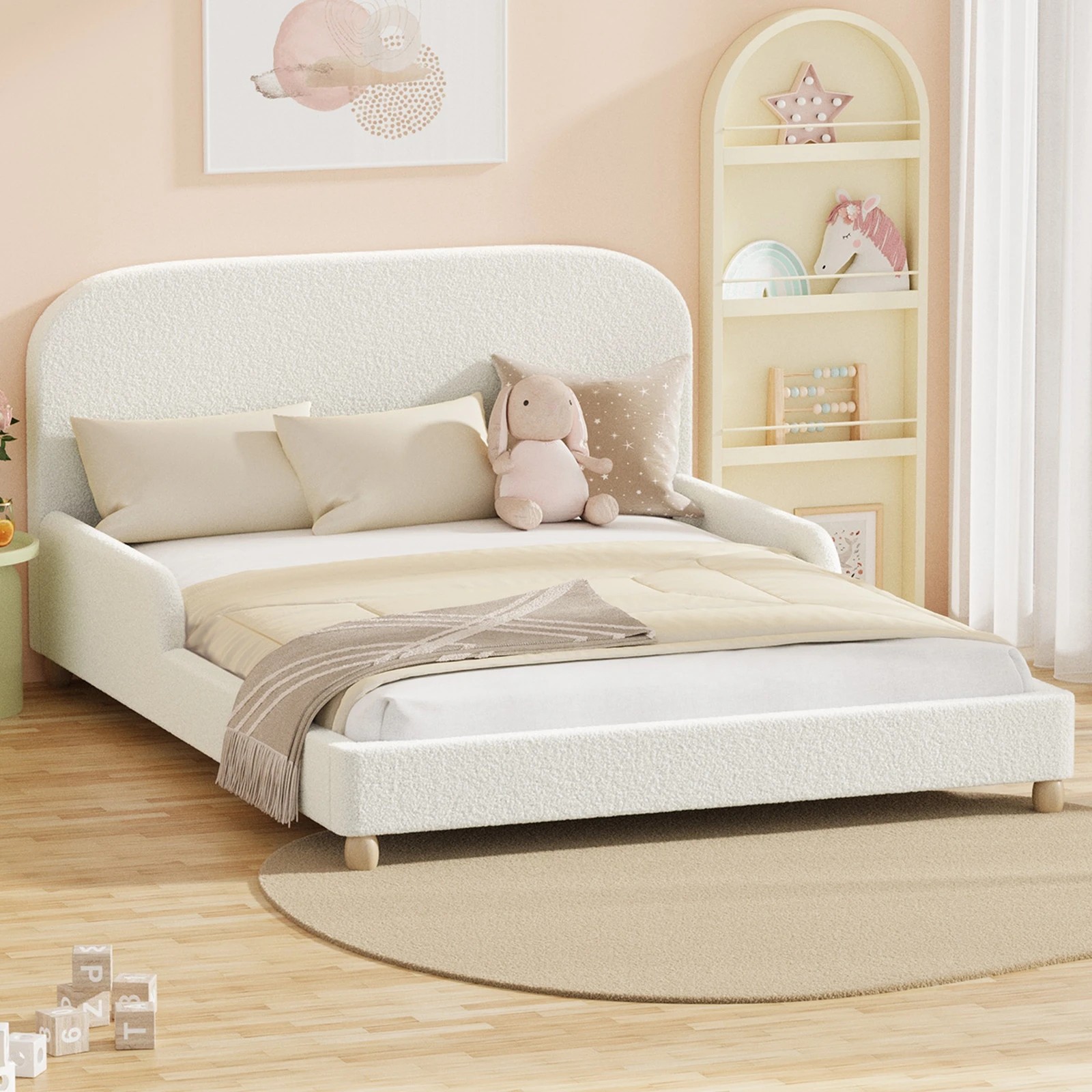 3 Oikiture Kids Bed Frame Double Size With Side Guard Rails Boucle - White, 3 of 10
