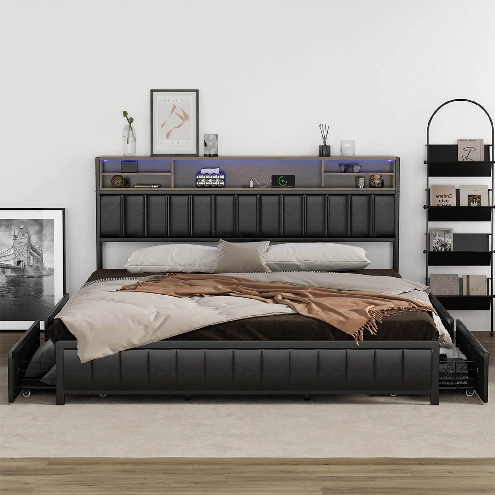 3 Oikiture Bed Frame King Size LED Storage Headboard USB Charge 4 Drawers - Black, 3 of 9