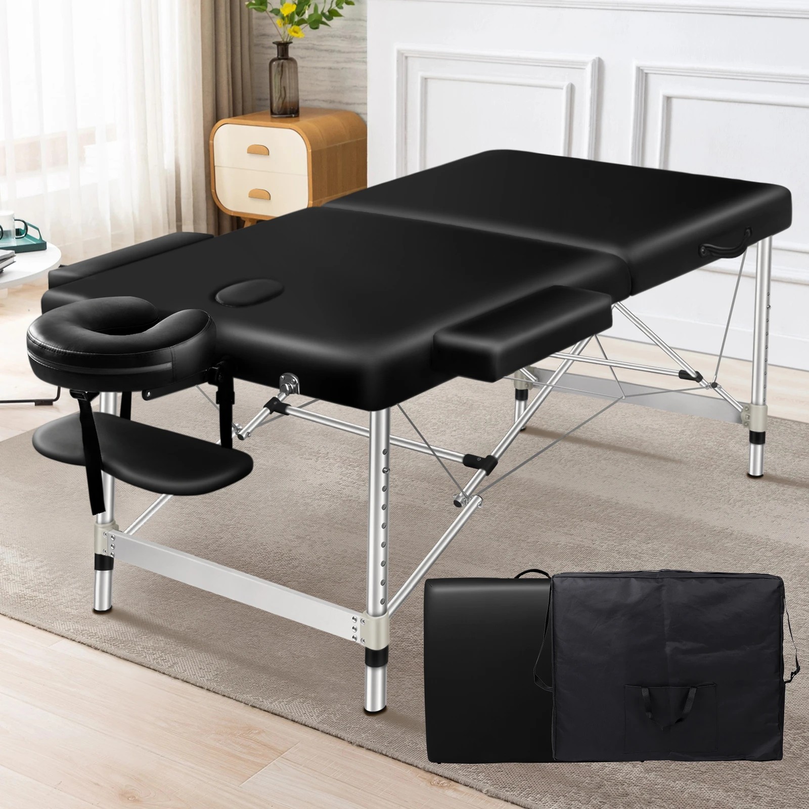 2 Alfordson Massage Table 2 Fold 55cm Foldable Portable Bed Desk Aluminium Lift Up - Black, 2 of 4