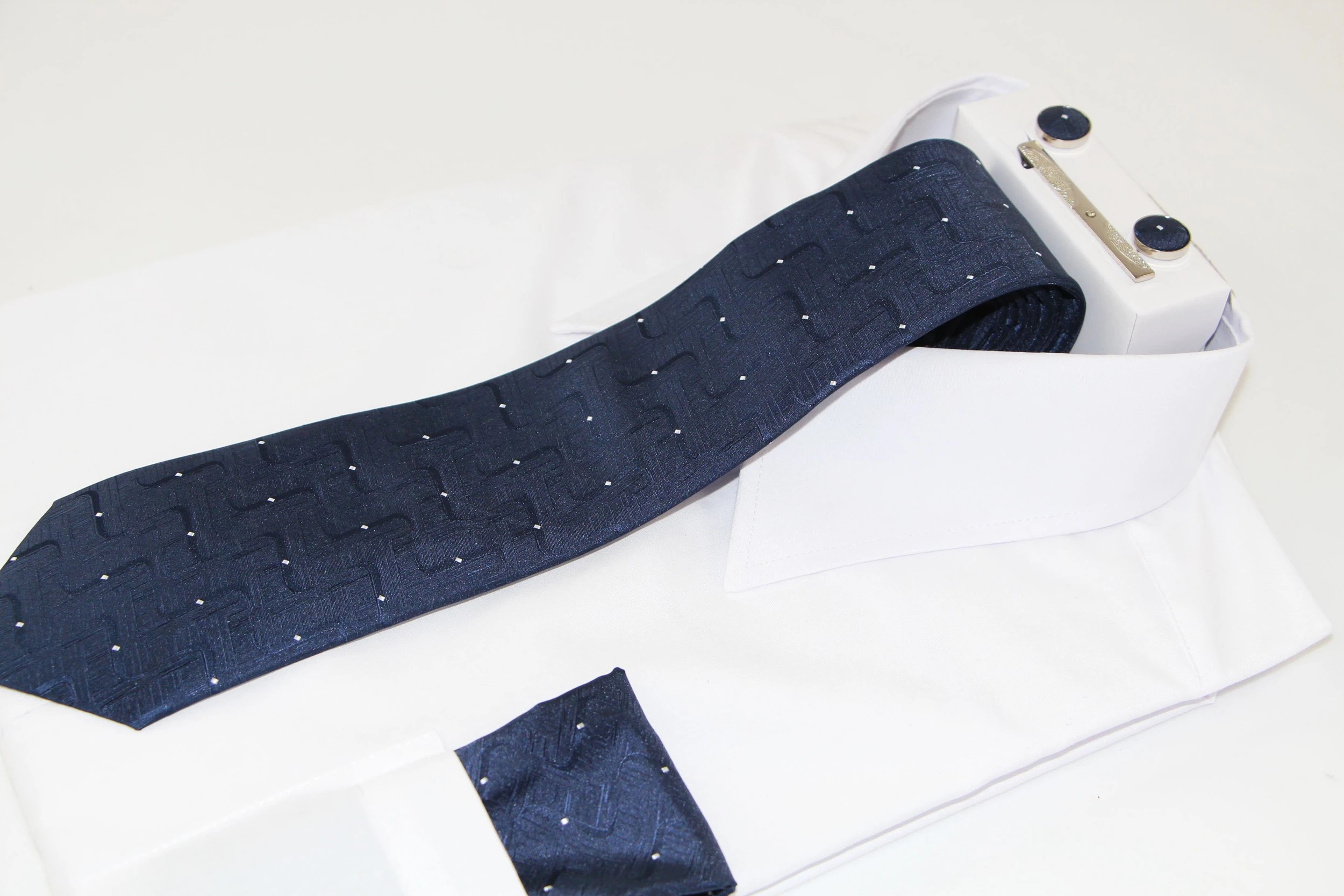 1 Zasel Mens Navy Laddered Matching Neck Tie, Pocket Square, Cuff Links And Tie Clip Set - Multi, 1 of 3