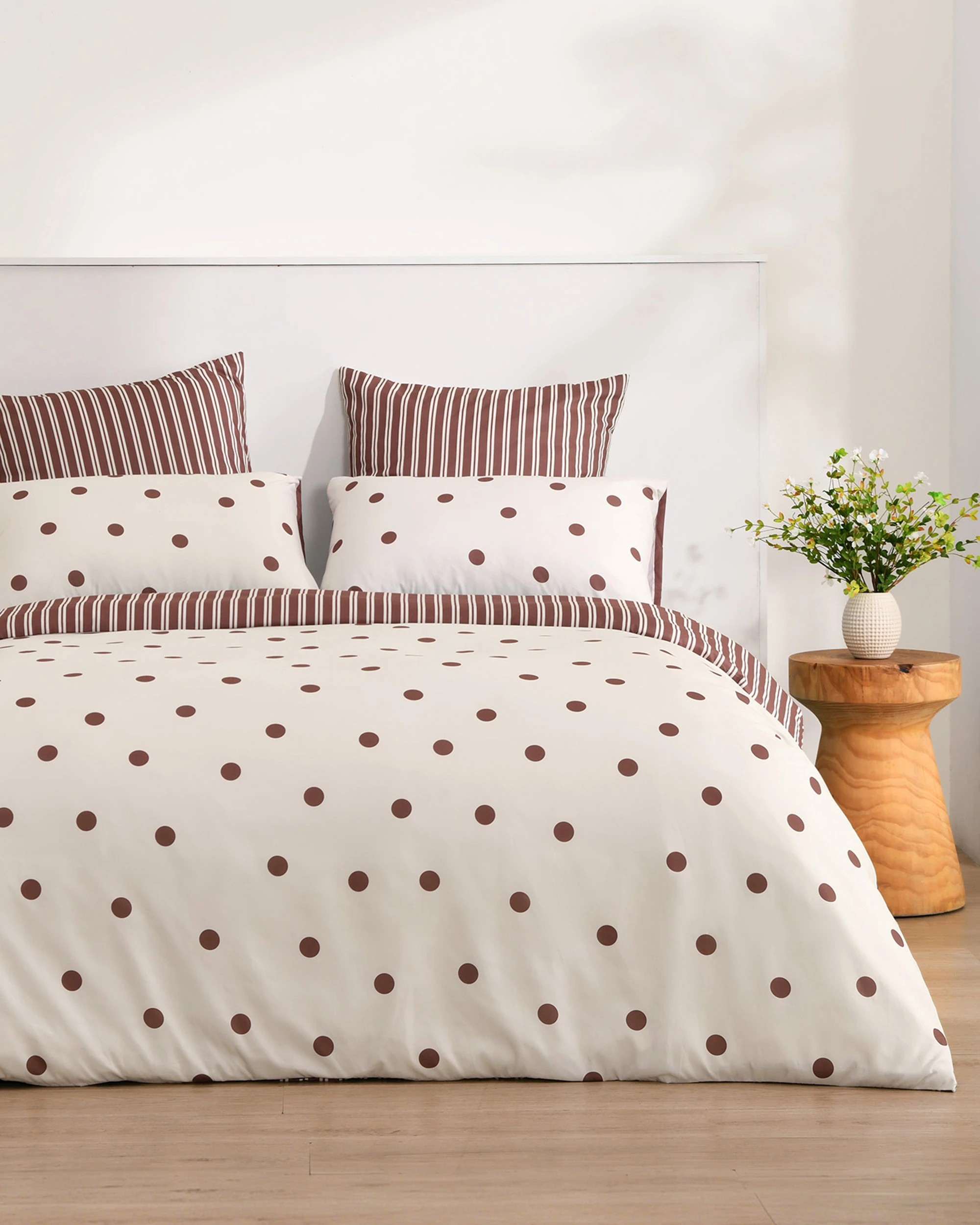 1 Dreamaker Pippa Polka Dot & Stripe Reversible Quilt Cover Set - Super King Bed - Natural/Chocolate, 1 of 6