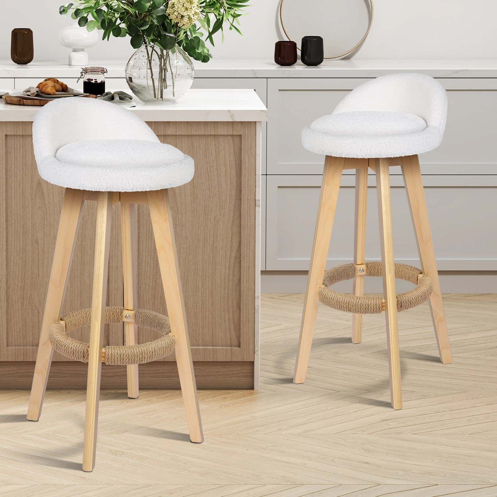 2 Alfordson 2x Kitchen Bar Stools Liam Wooden Swivel Chairs Boucle - White, 2 of 10