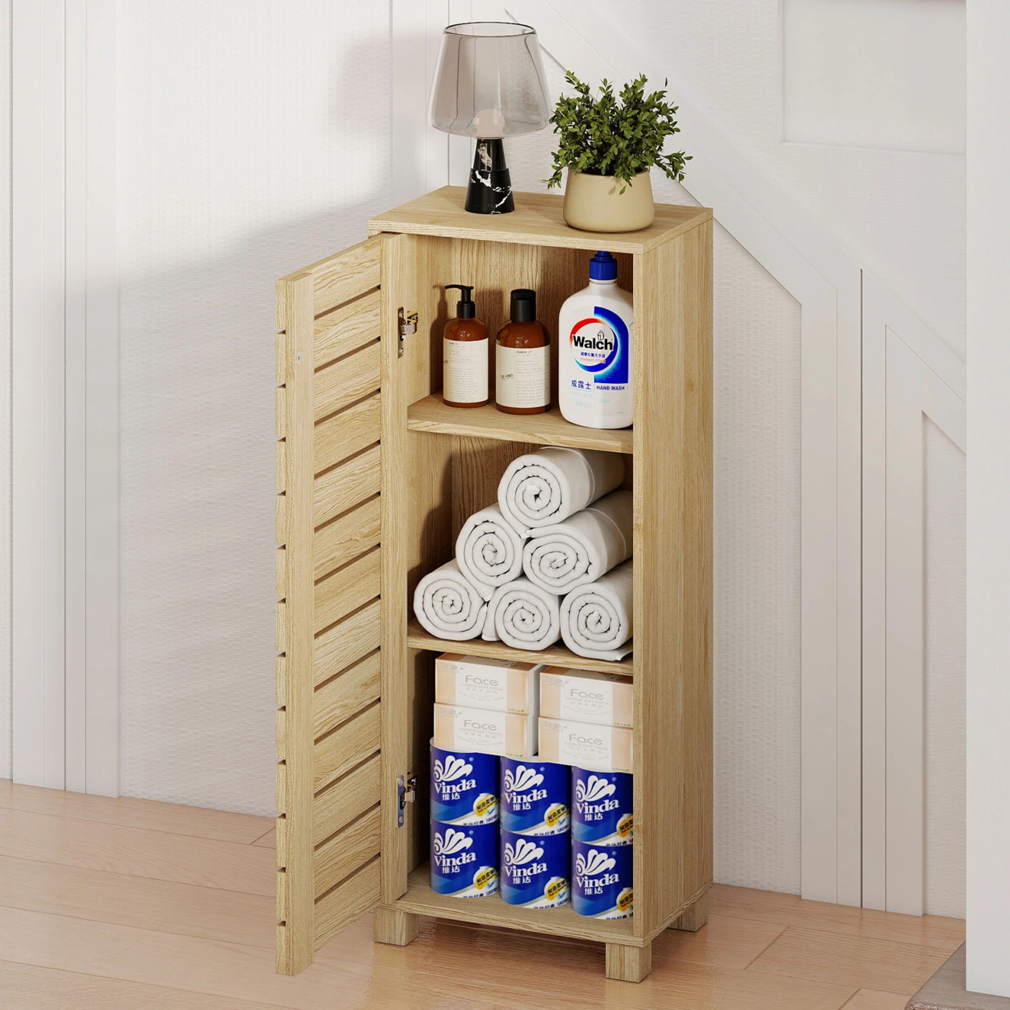 7 Levede Bathroom Storage Cabinet Handleless Wood Floor Shelf Unit Cupboard Oak, 7 of 9