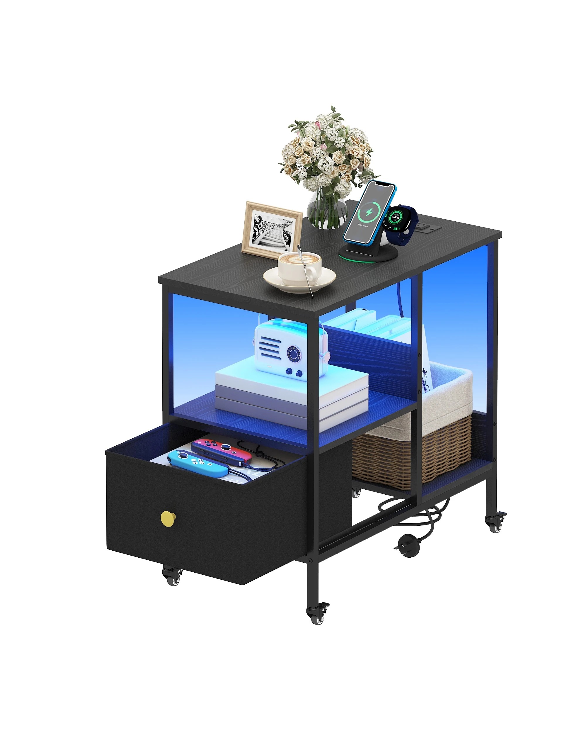 6 Advwin LED Side Table Set of 2 Sofa End Table w/ Power Outlets & Wheels Slim Bedside Table w/Reversible Drawer  - Black, 6 of 9