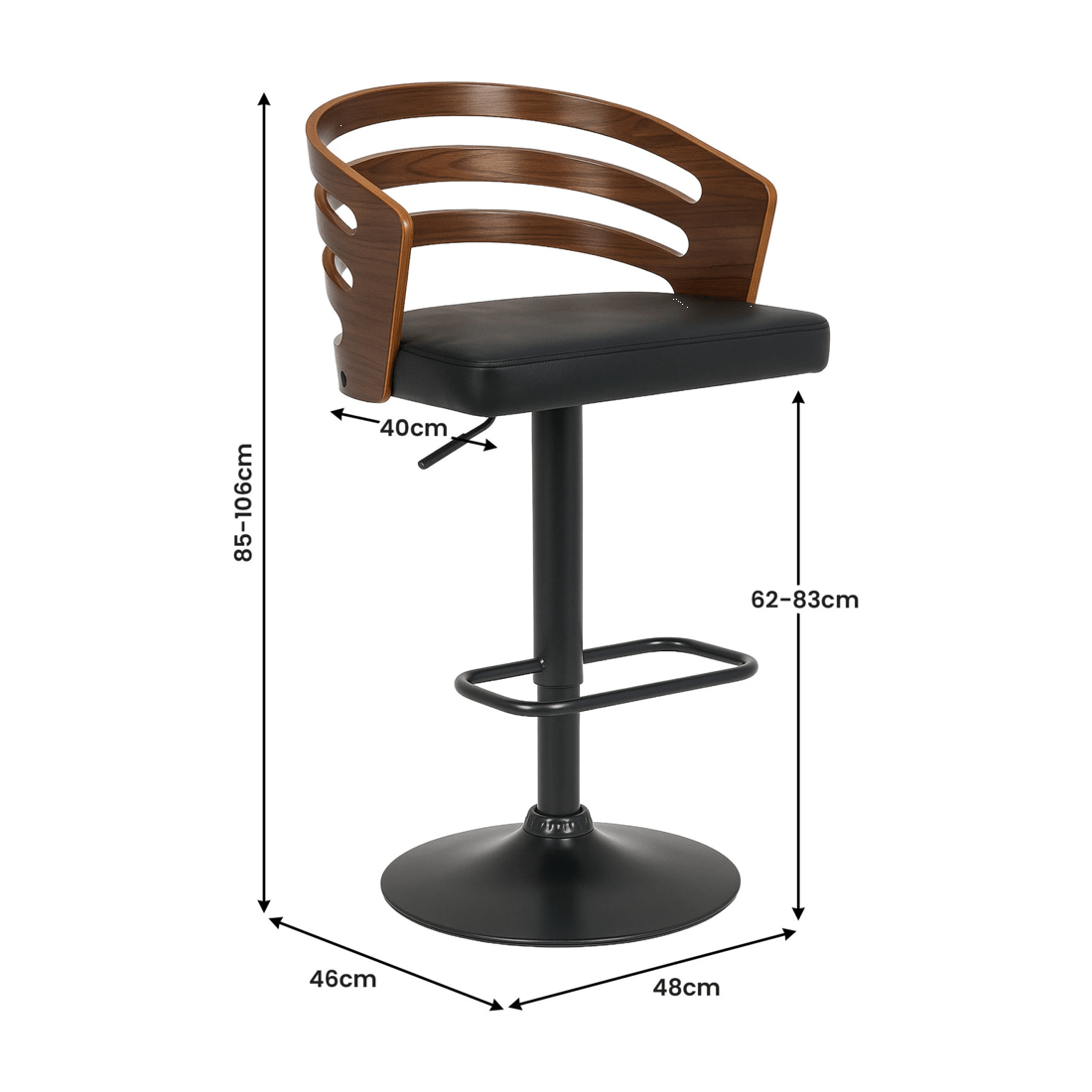 3 Sarantino Set of 3 Bentwood Walnut Barstool Leather Seat and Metal Base, 3 of 4