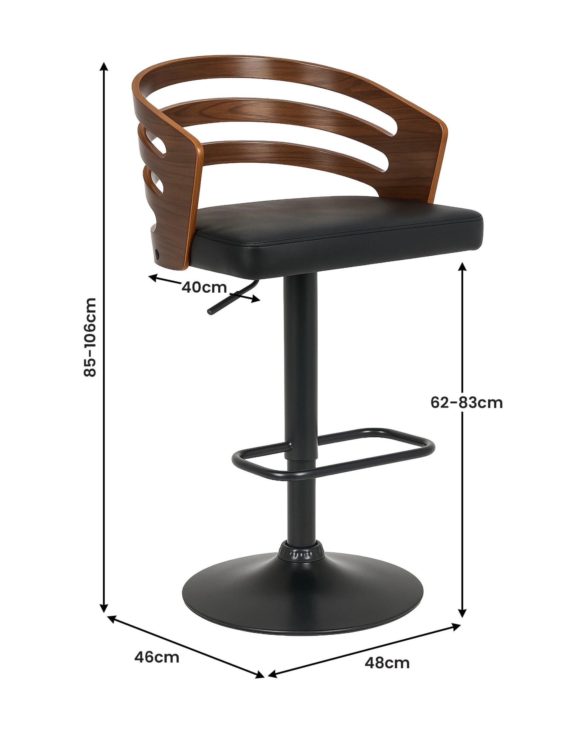3 Sarantino Set of 3 Bentwood Walnut Barstool Leather Seat and Metal Base, 3 of 4