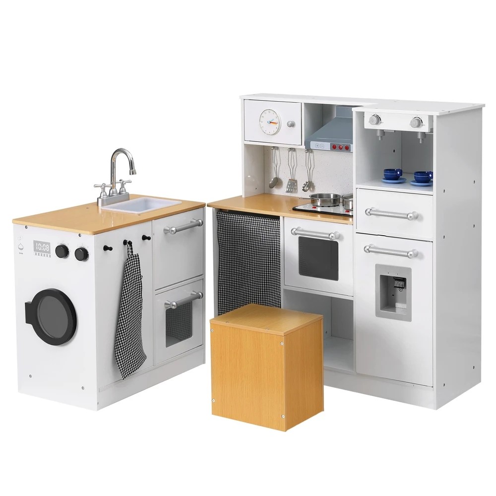 1 Keezi Kids Kitchen Playset 2-Piece Wooden Pretend Play Coffee Maker Toy 80CM - White, 1 of 5