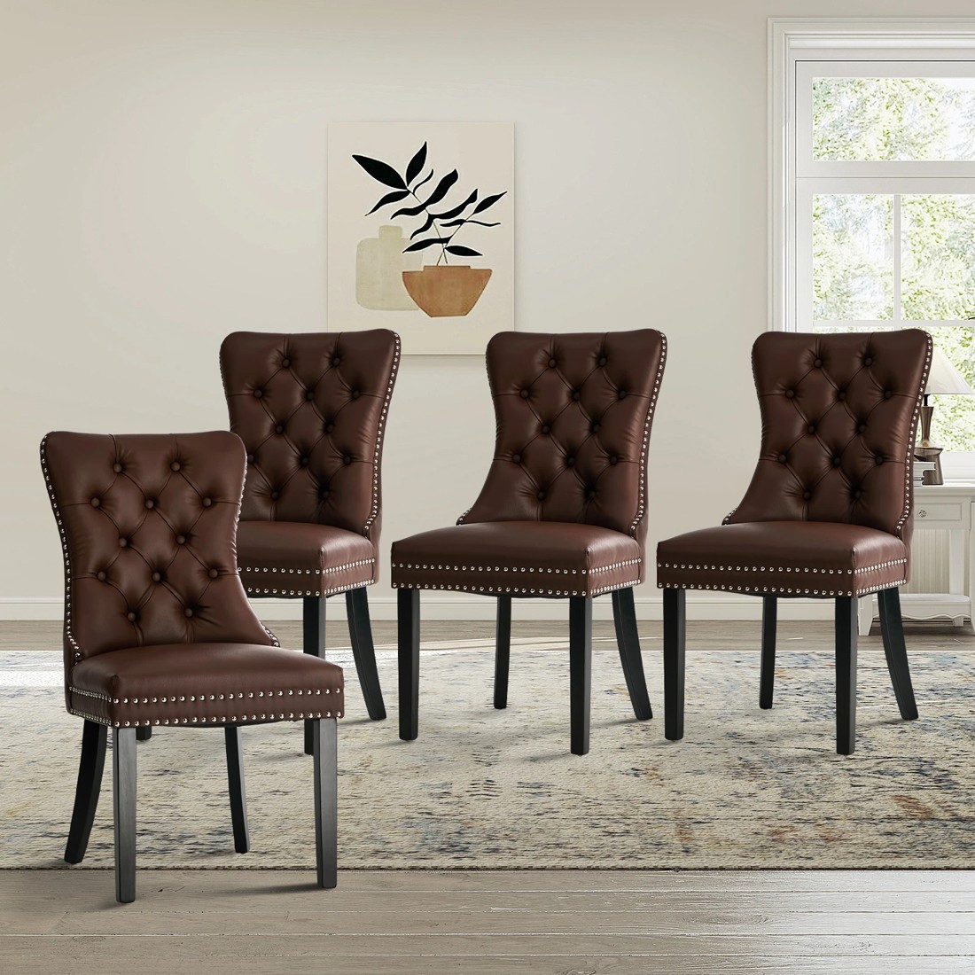 3 Oikiture 4x Dining Chairs Upholstered French Provincial Tufted PU Leather - Brown, 3 of 10