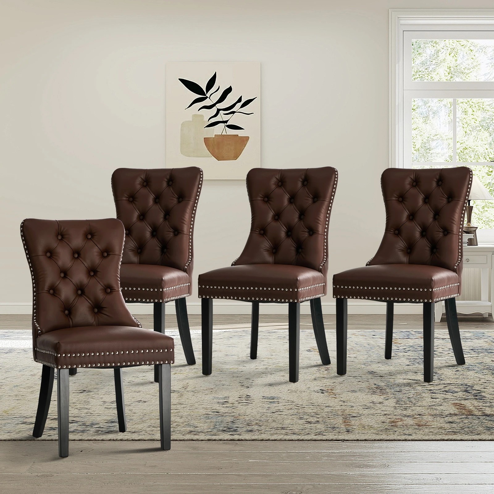 3 Oikiture 4x Dining Chairs Upholstered French Provincial Tufted PU Leather - Brown, 3 of 10