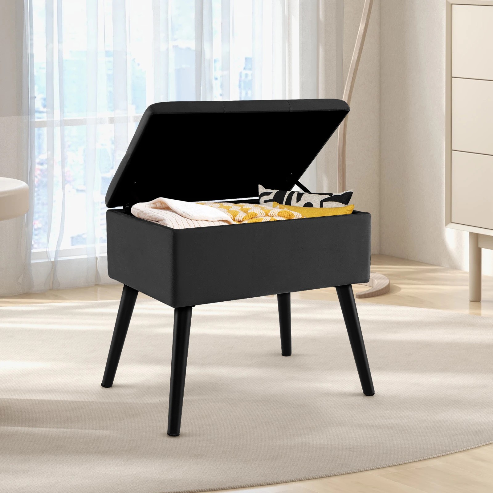 2 Costway Storage Bench Ottoman Padded Stool Seat Fabric Bench Footrest Toy Blanket Box Wood Leg - Black, 2 of 4