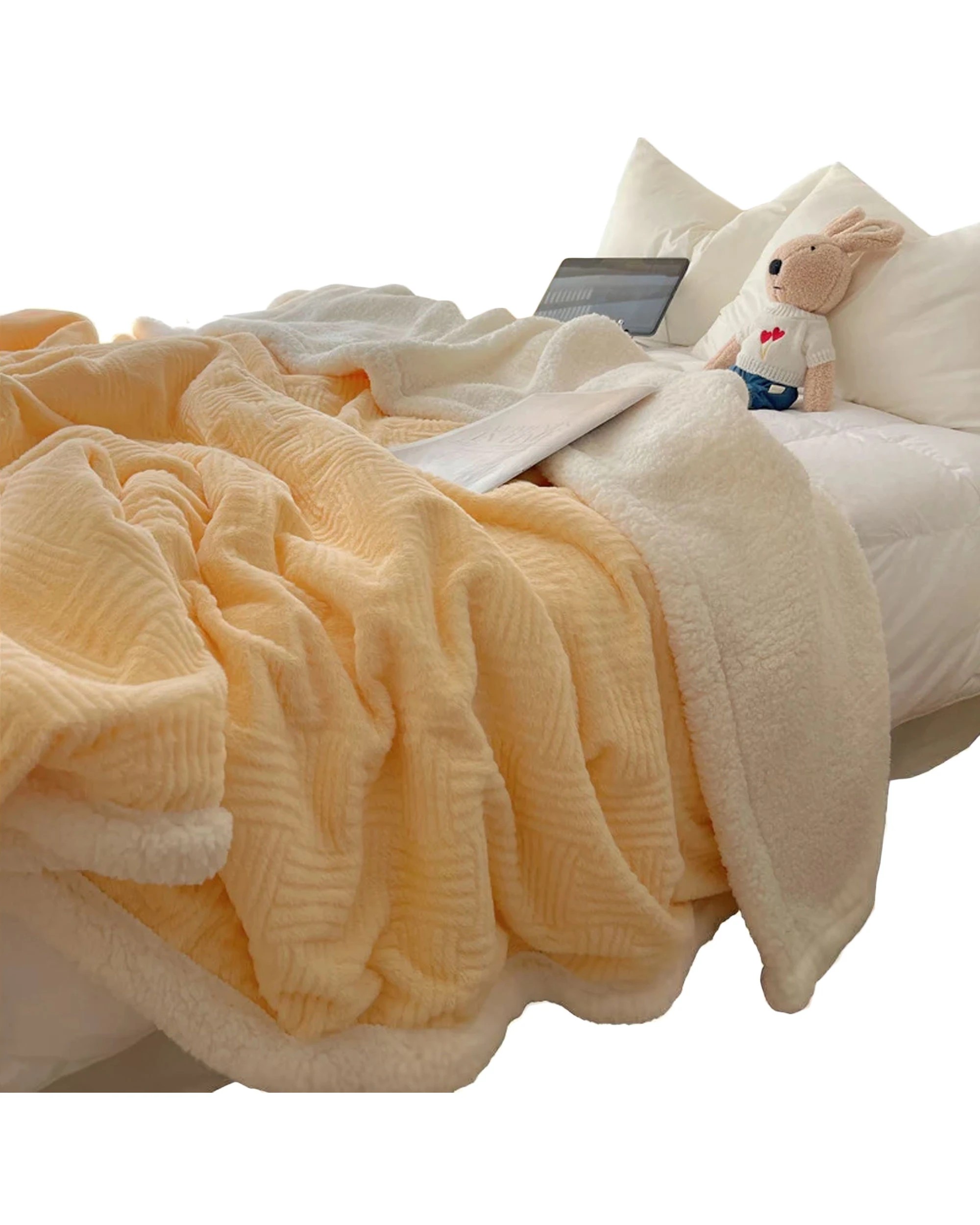 1 Cotton More Large Faux Rabbit Plush Blanket Throw 200x230cm Cream - Yellow, 1 of 7