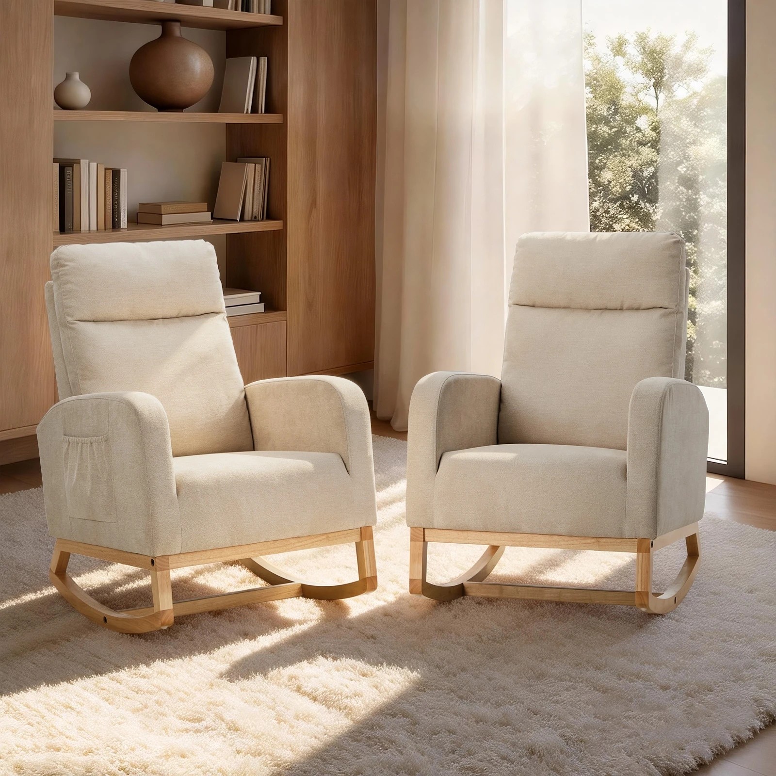 3 Oikiture 2x Rocking Armchair Linen Fabric Lounge Chair Accent Chair - Beige, 3 of 10