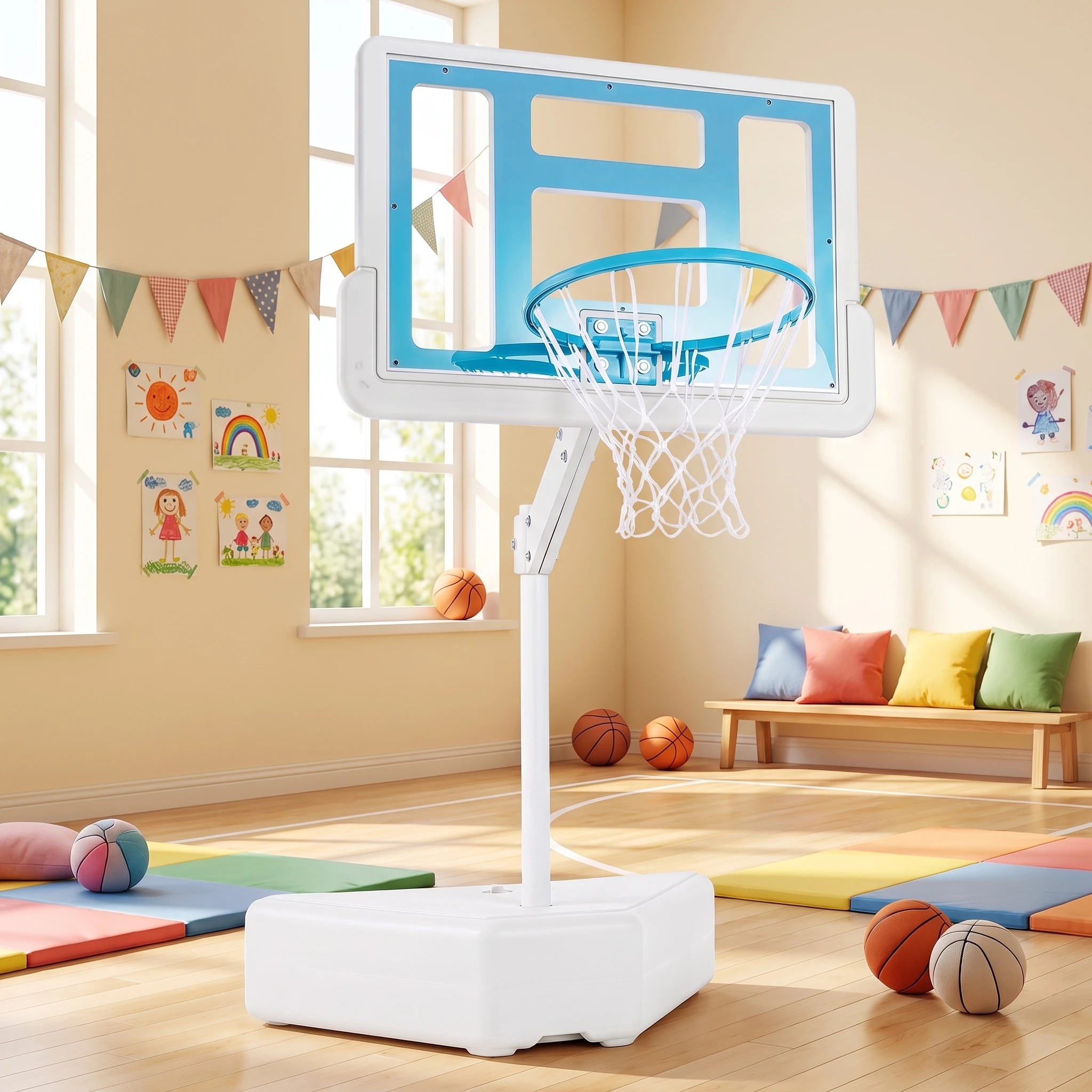 3 Costway Splash & Shoot Pool Basketball Hoop 116.5-180cm Portable Swimming Pool Goal w/2 Water Ball - Blue, 3 of 7