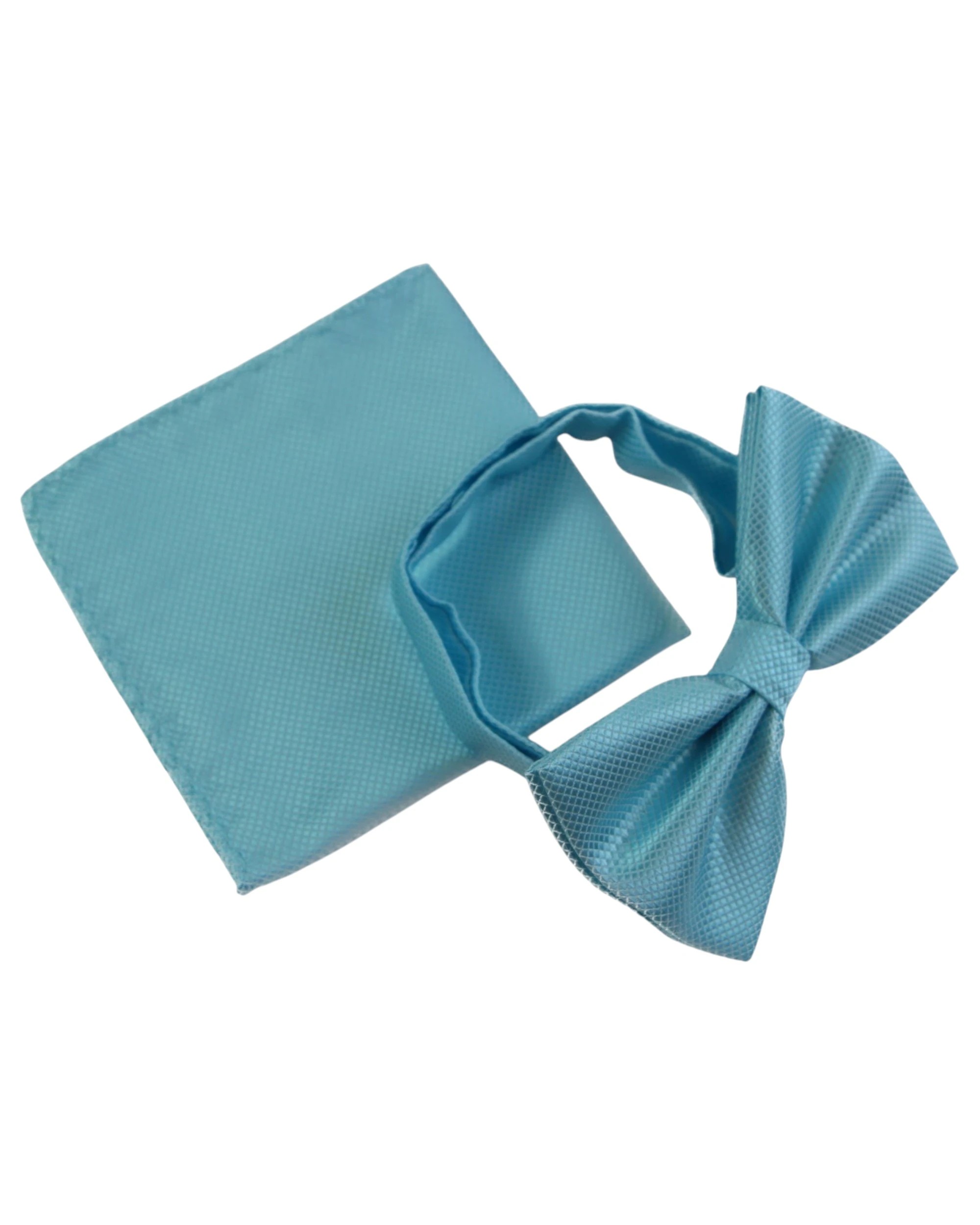 1 Zasel Mens Sky Blue Plain Coloured Checkered Bow Tie & Matching Pocket Square Set - Blue - Blue, 1 of 4
