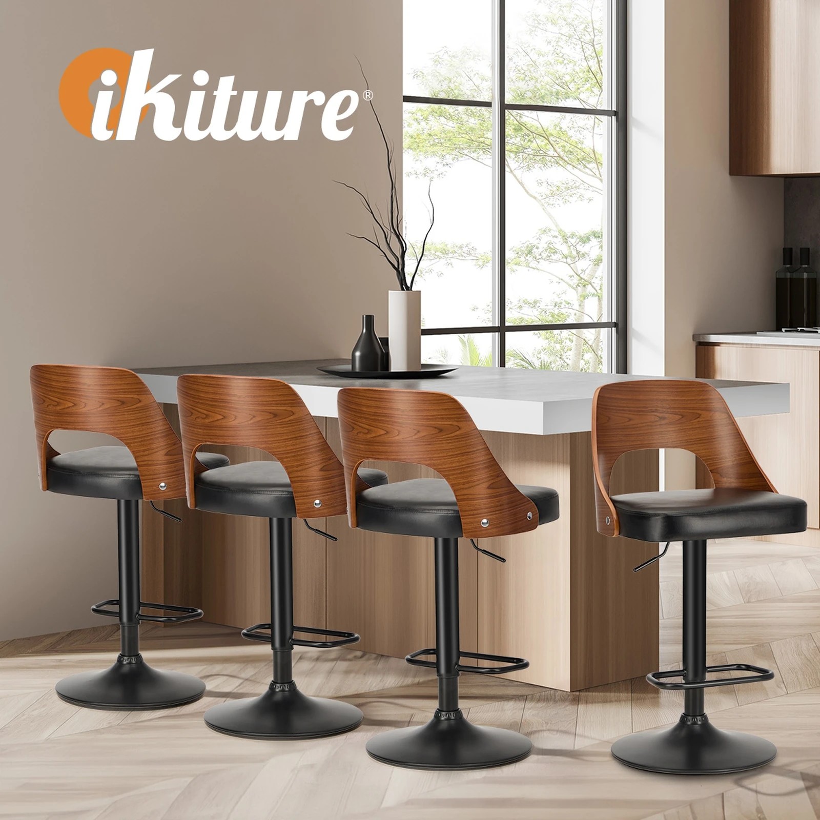 6 Oikiture 4x Bar Stools Swivel Counter Stool Kitchen Gas Lift Chairs - Black, 6 of 9