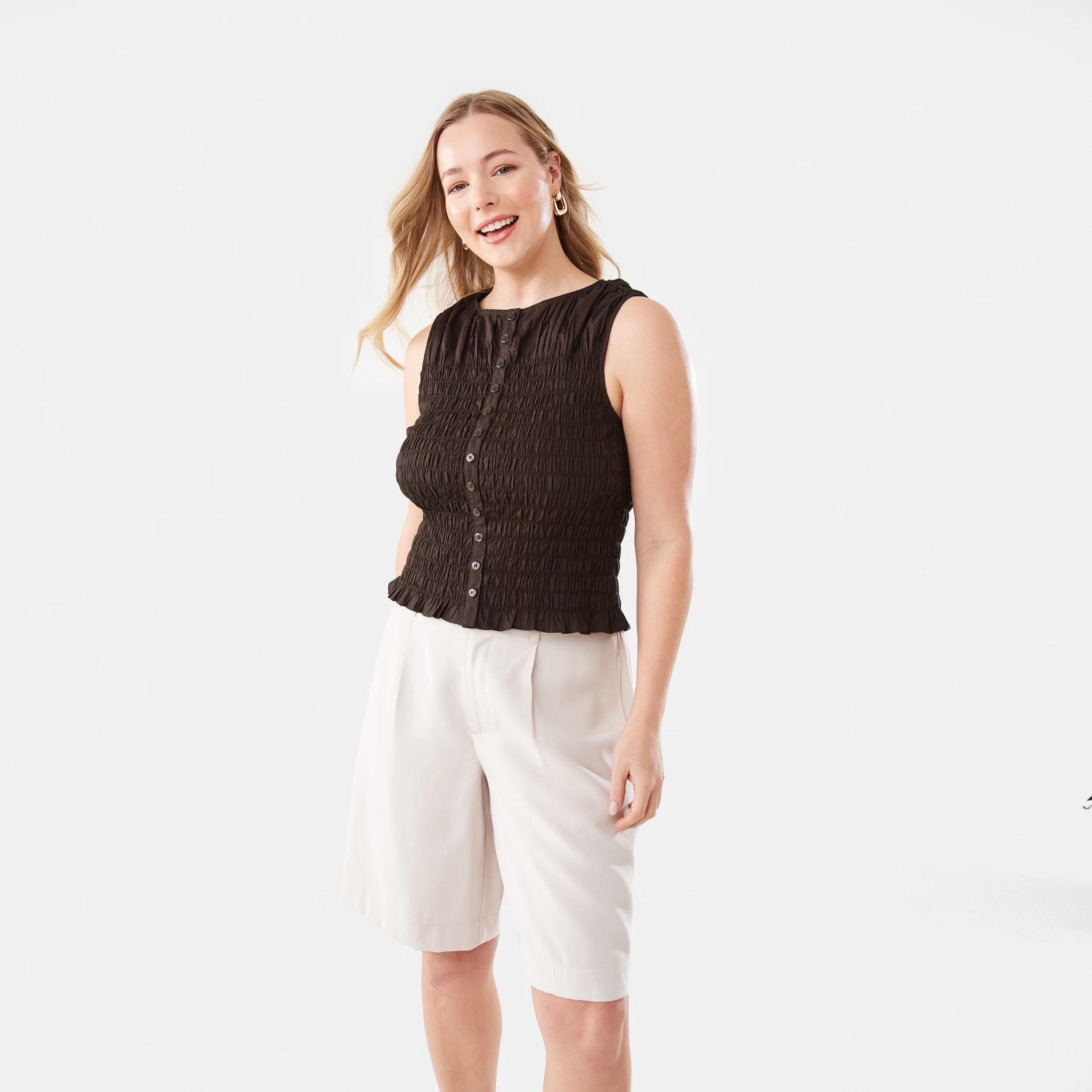 8 Sleeveless Shirred Button Through Top MELTED CHOCOLATE, 8 of 8