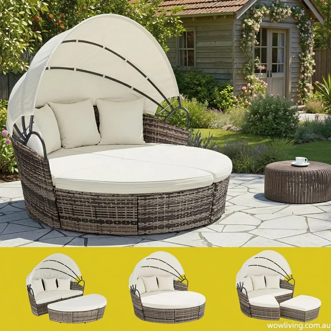 4 Gardeon Outdoor Day Bed Sun Lounge Setting Wicker Lounger Furniture Patio Set of 3 - Beige, 4 of 7