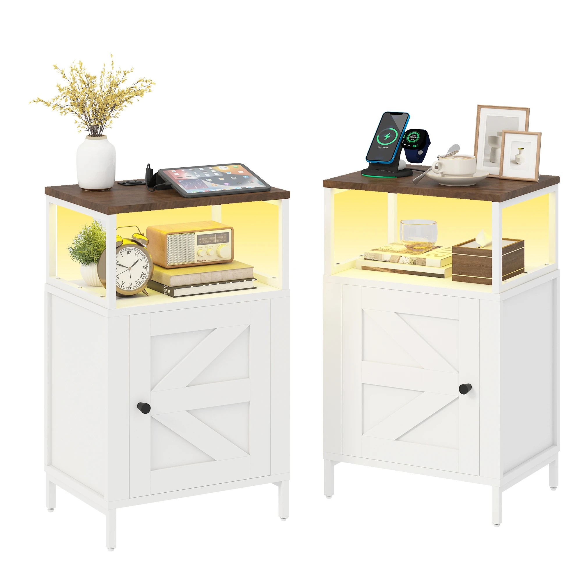 2 Advwin Set of 2 Farmhouse Bedside Table with Charging Station & LED Light - White, 2 of 7