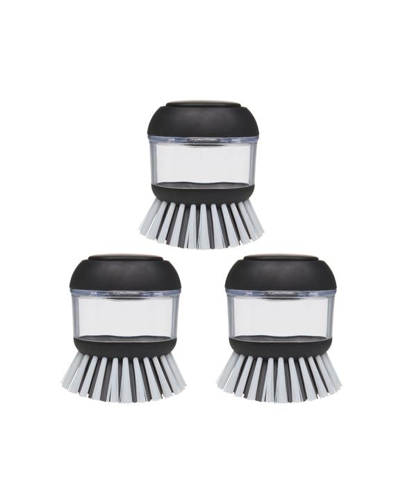 KitchenAid Soap Dispensing Palm Brush 3PK Plastic Nylon Bristles Dish 9cm - Black