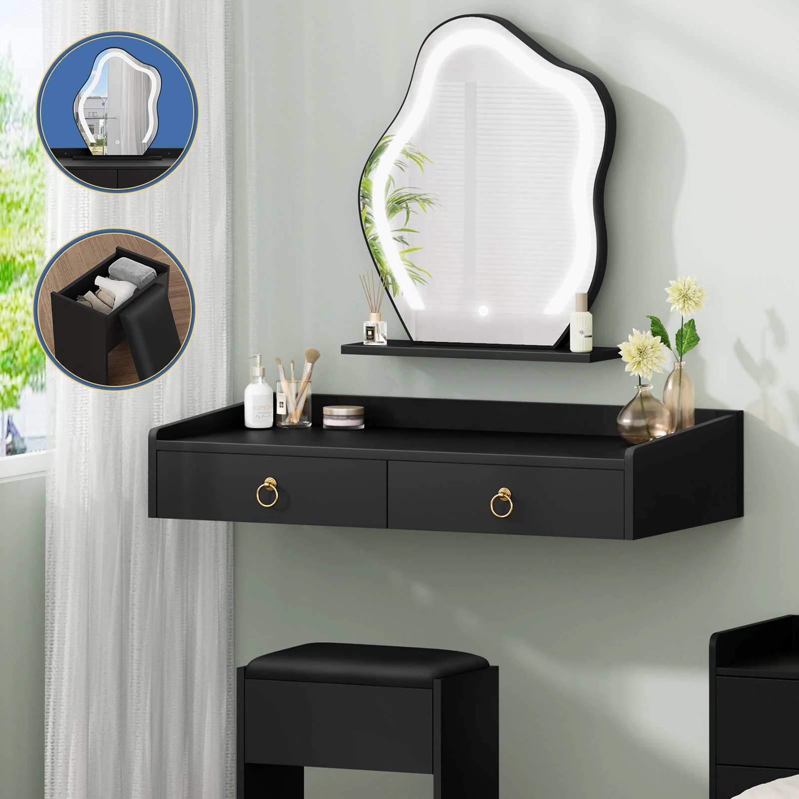1 Alfordson Dressing Table Stool Set Floating Makeup Mirror LED Vanity Desk - Black, 1 of 10