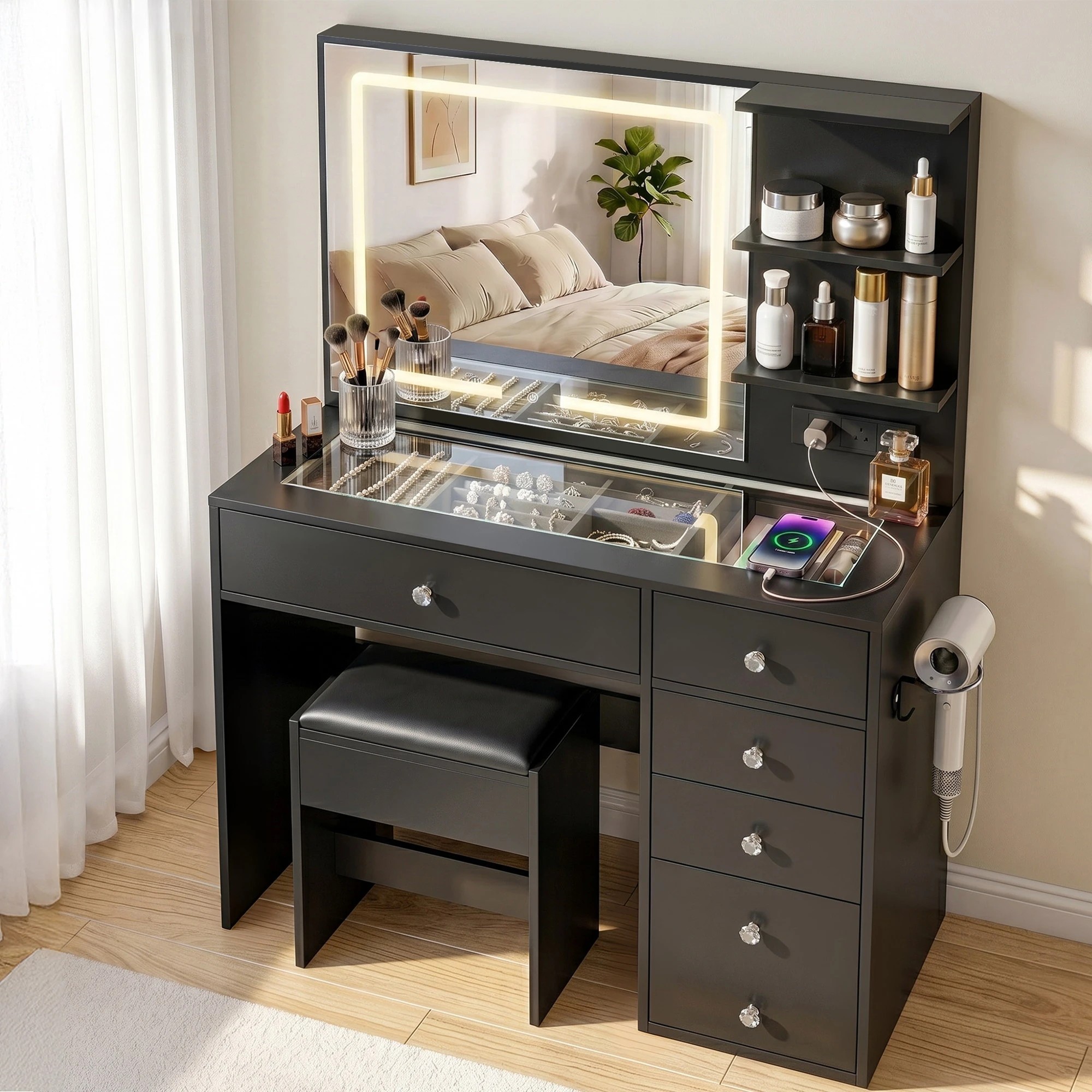 8 Artiss Dressing Table LED Vanity Desk Set Stool Charging Station Mirror - Black, 8 of 9
