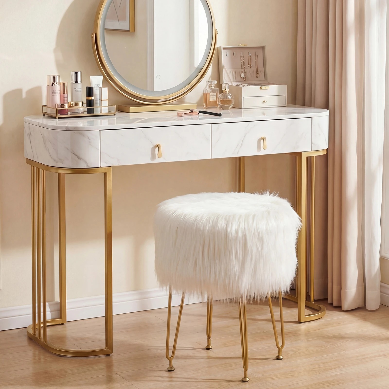1 Costway Faux Fur Vanity Stool Round Footrest Ottoman Accent Dressing Table Chair Metal Legs - White, 1 of 3