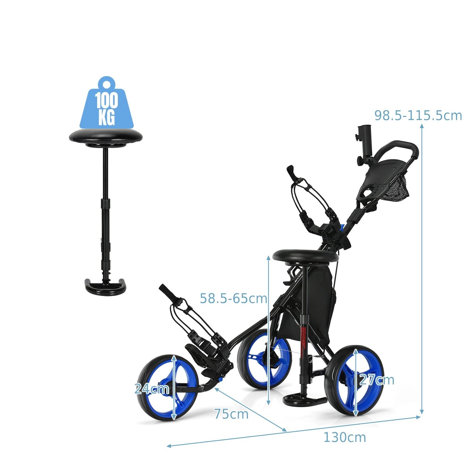 2 Costway 3 Wheels Golf Push Cart Quick Open Golf Trolley w/Padded Seat Foot Brake Storage Bag - Blue, 2 of 4