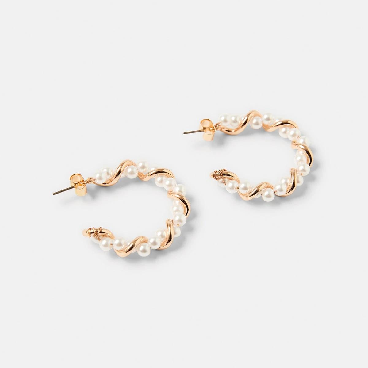2 Faux Pearl Twist Hoop Earrings - Gold Tone Pearl, 2 of 5
