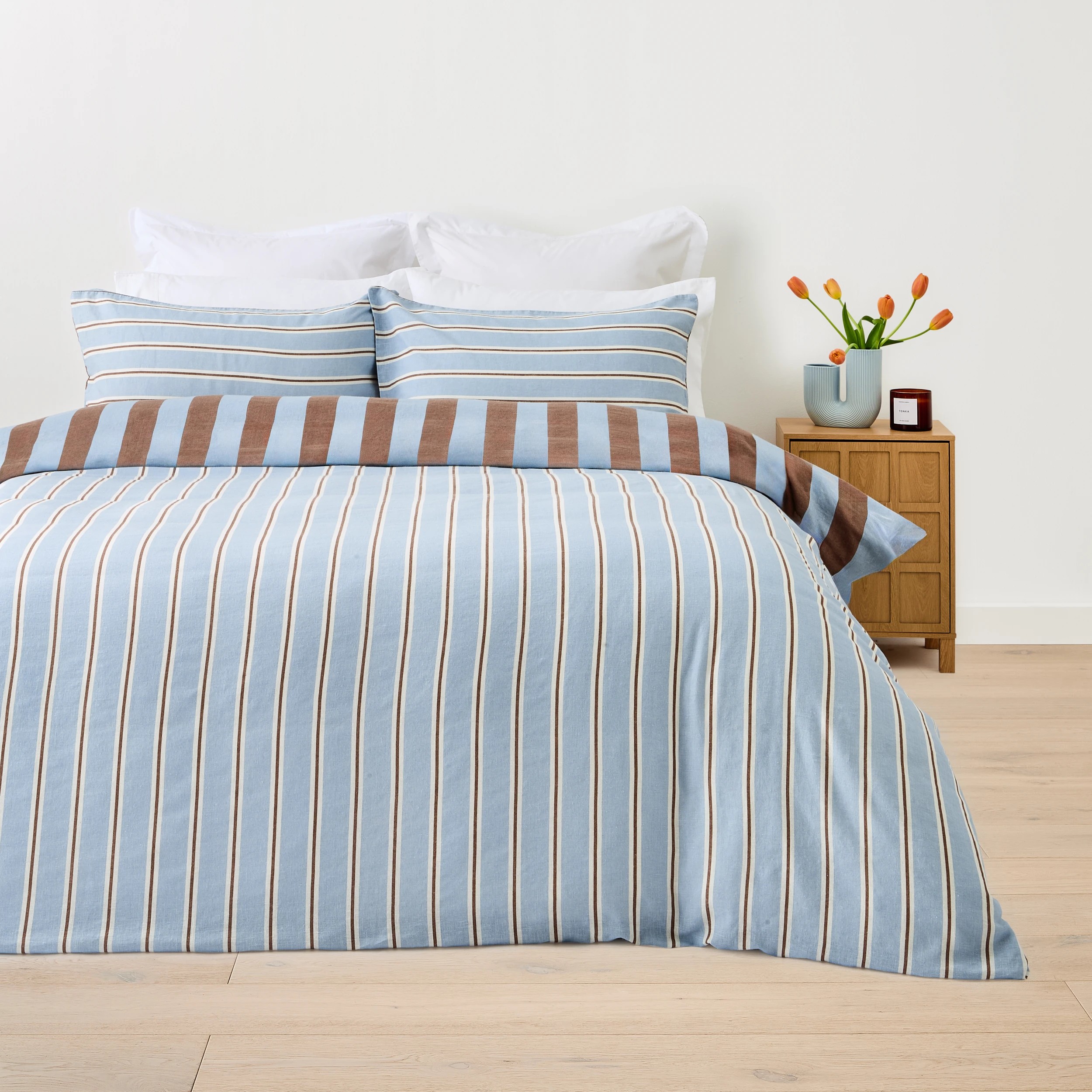 2 Stripe Linen Cotton Reversible Quilt Cover Set - Queen Bed, Blue and Tan, 2 of 8