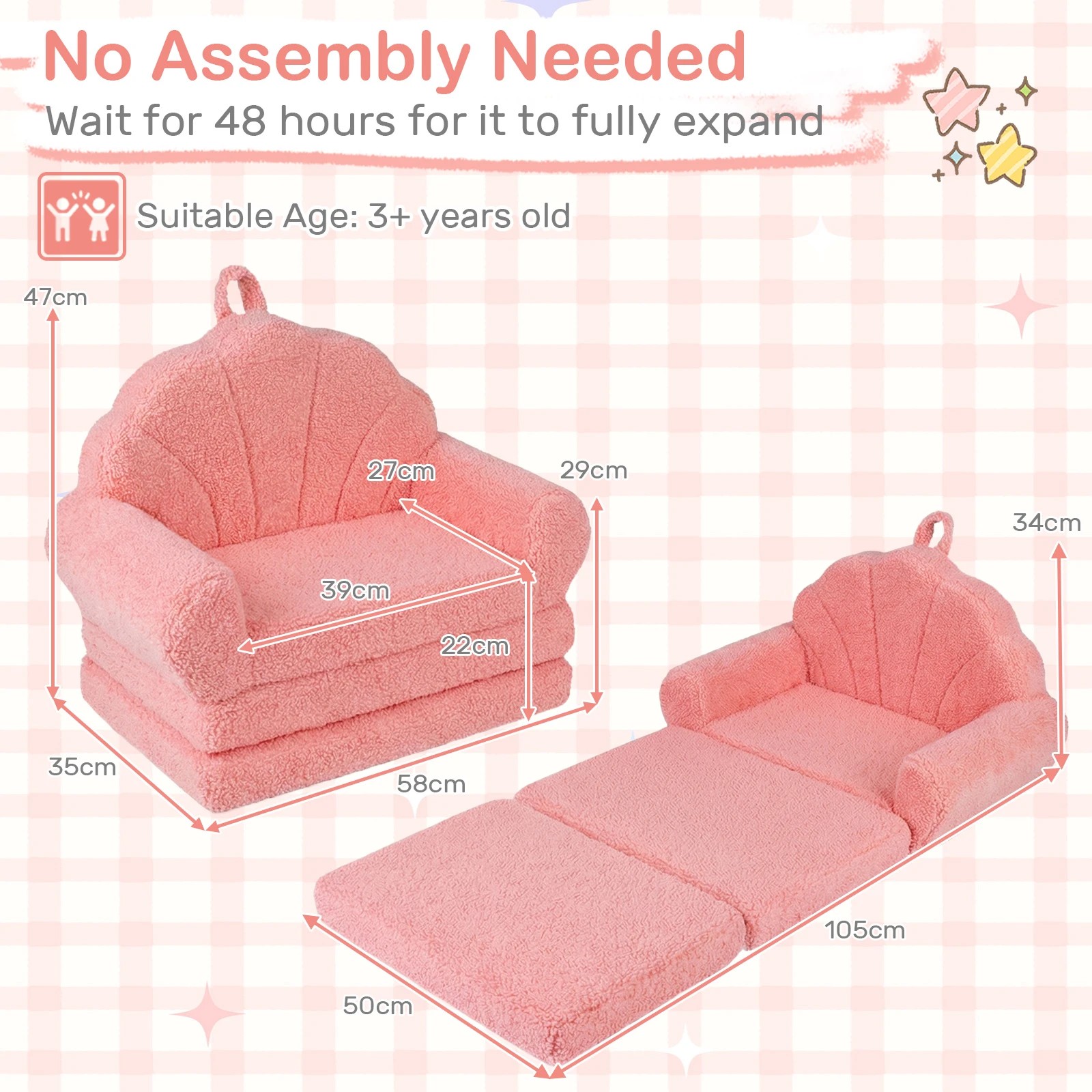 4 Costway Shell Folding Sofa 2-in-1 Flip Out Small Foam Couch Teddy Fleece Lounger - Pink, 4 of 5