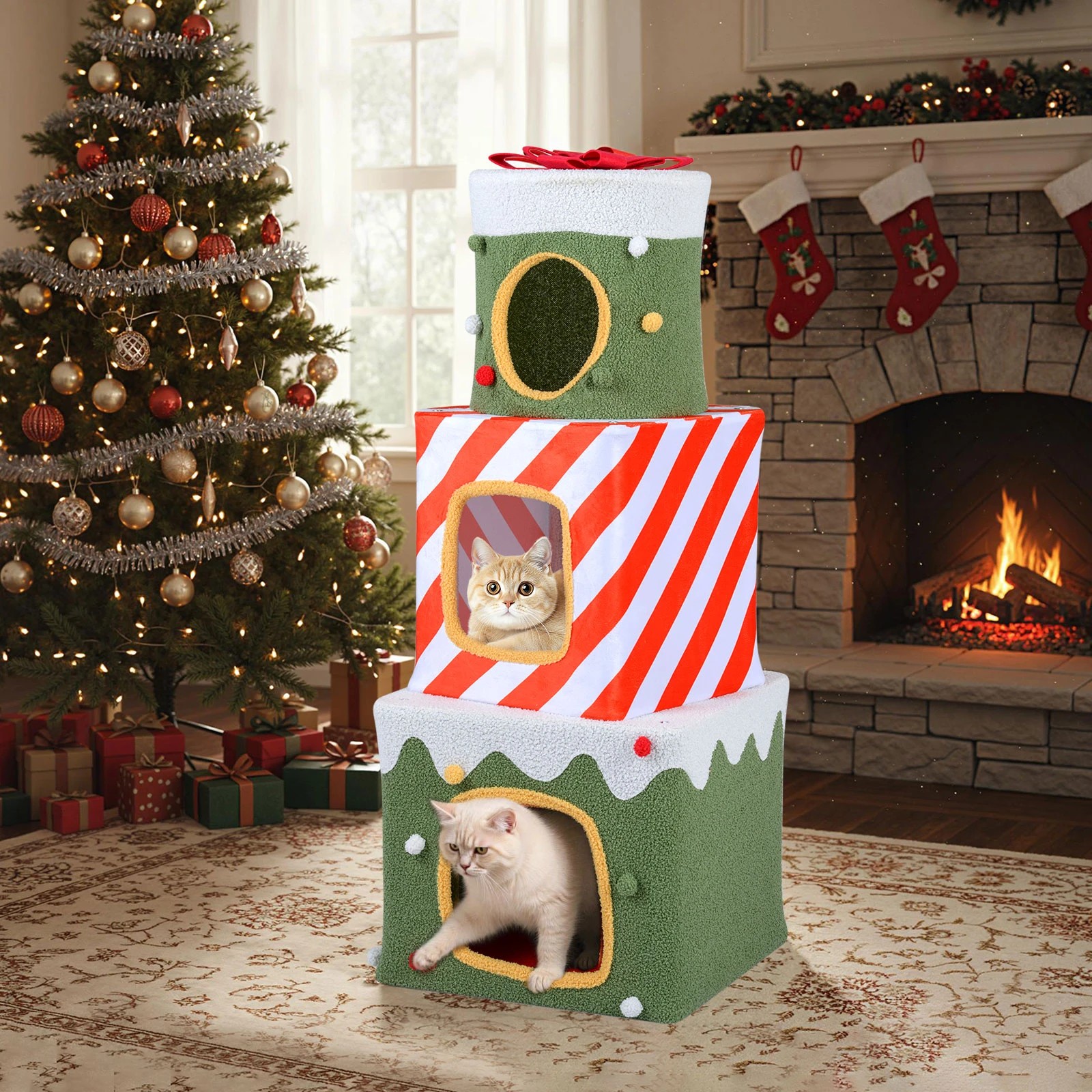 3 Costway 120cm Christmas Cat Tree Large Stackable Gift Box Cat Climbing Furniture, 3 of 7
