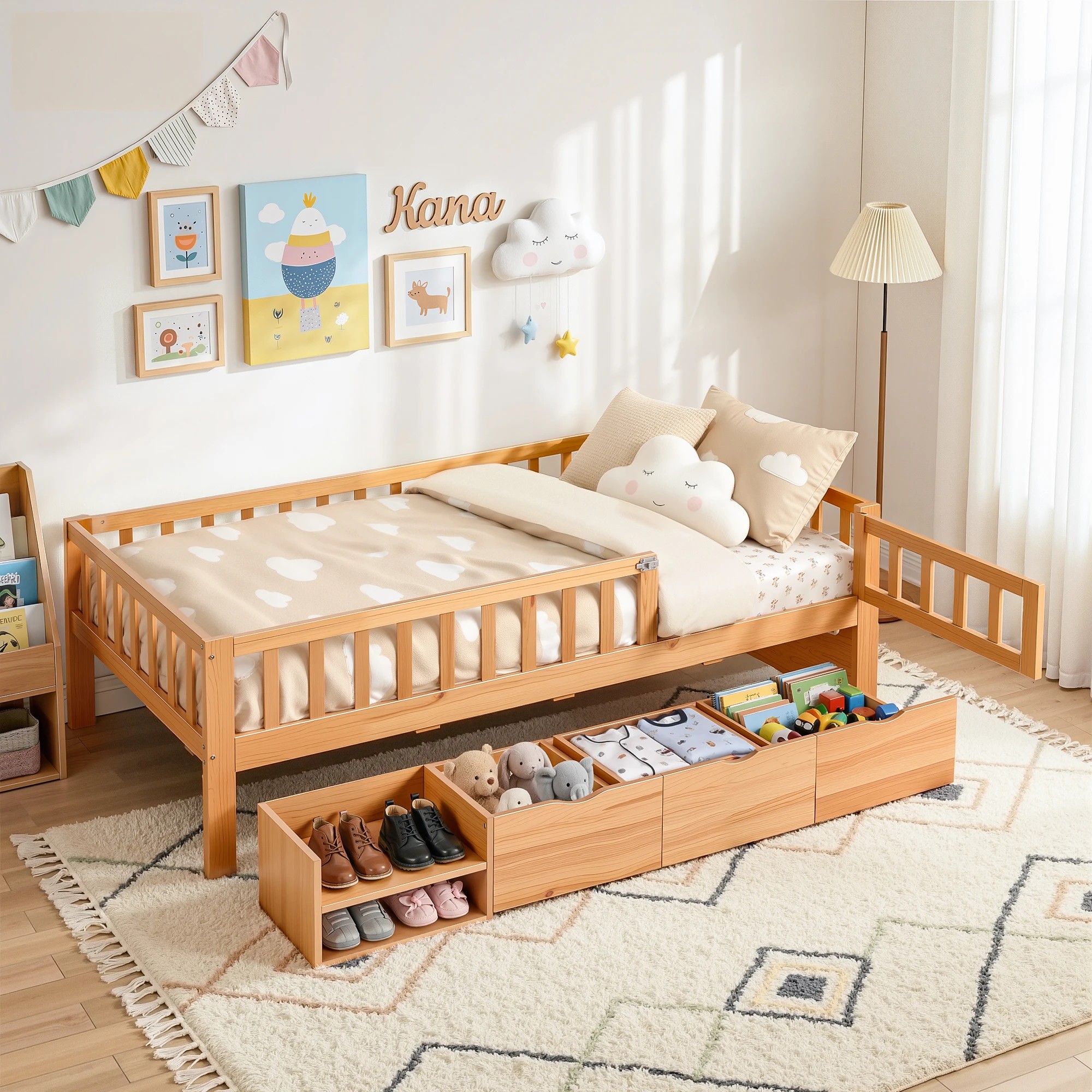 8 Artiss Kids Single Bed Frame with 3 Storage Drawer Montessori Bed for Toddler - Natural, 8 of 8