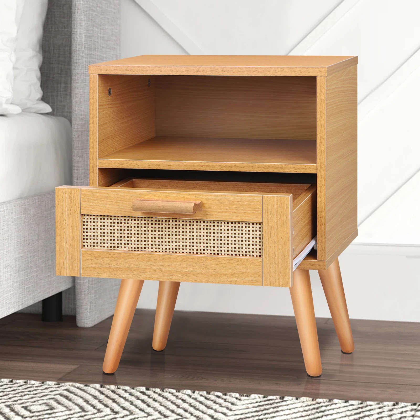 3 Alfordson 2x Bedside Table Nightstand Side Storage Cabinet Scandinavian Rattan - Oak, 3 of 8