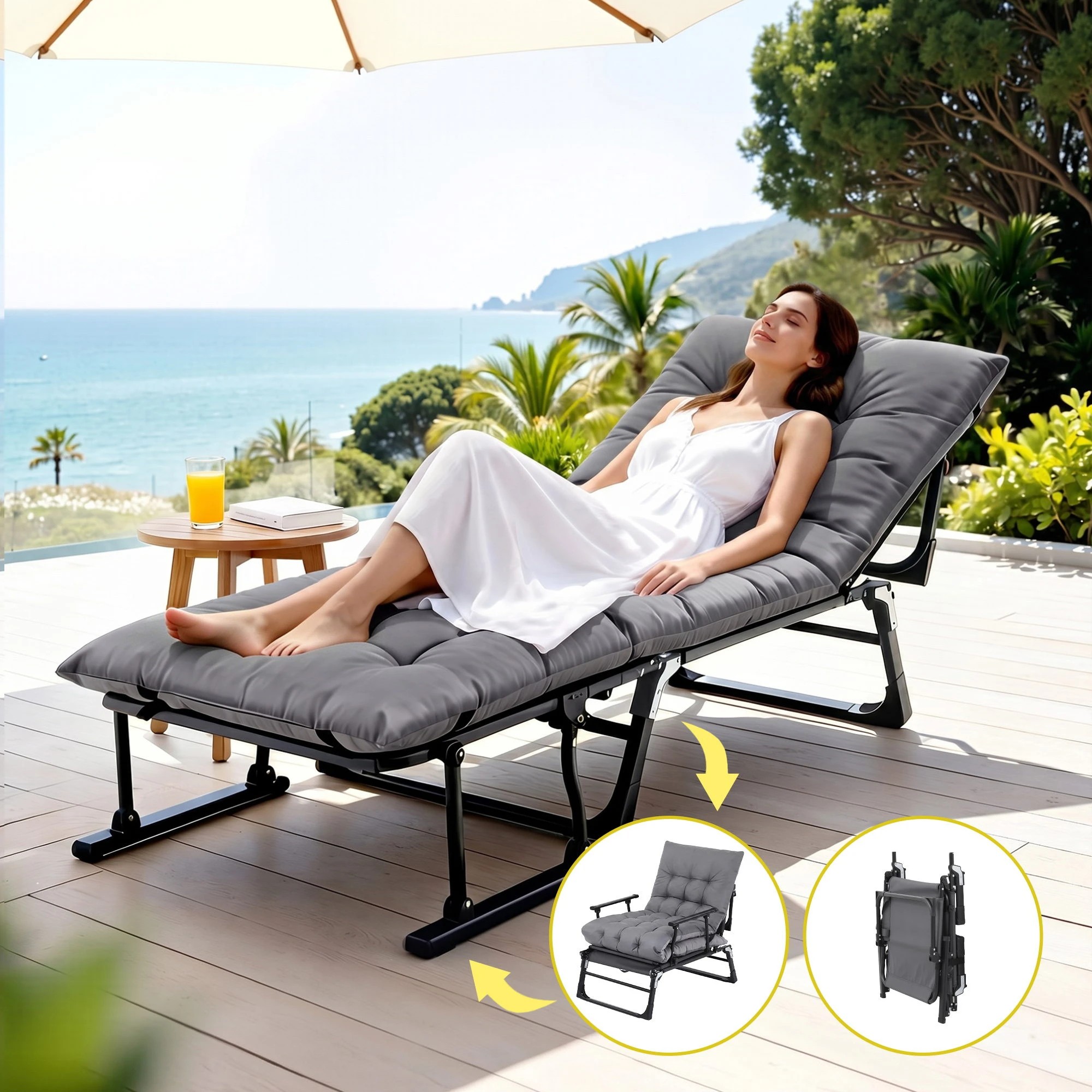 2 Gardeon 3-in-1 Sun Lounger Folding Camping Chair Adjustable Recliner Patio Furniture for Office Nap, Poolside - Grey, 2 of 8