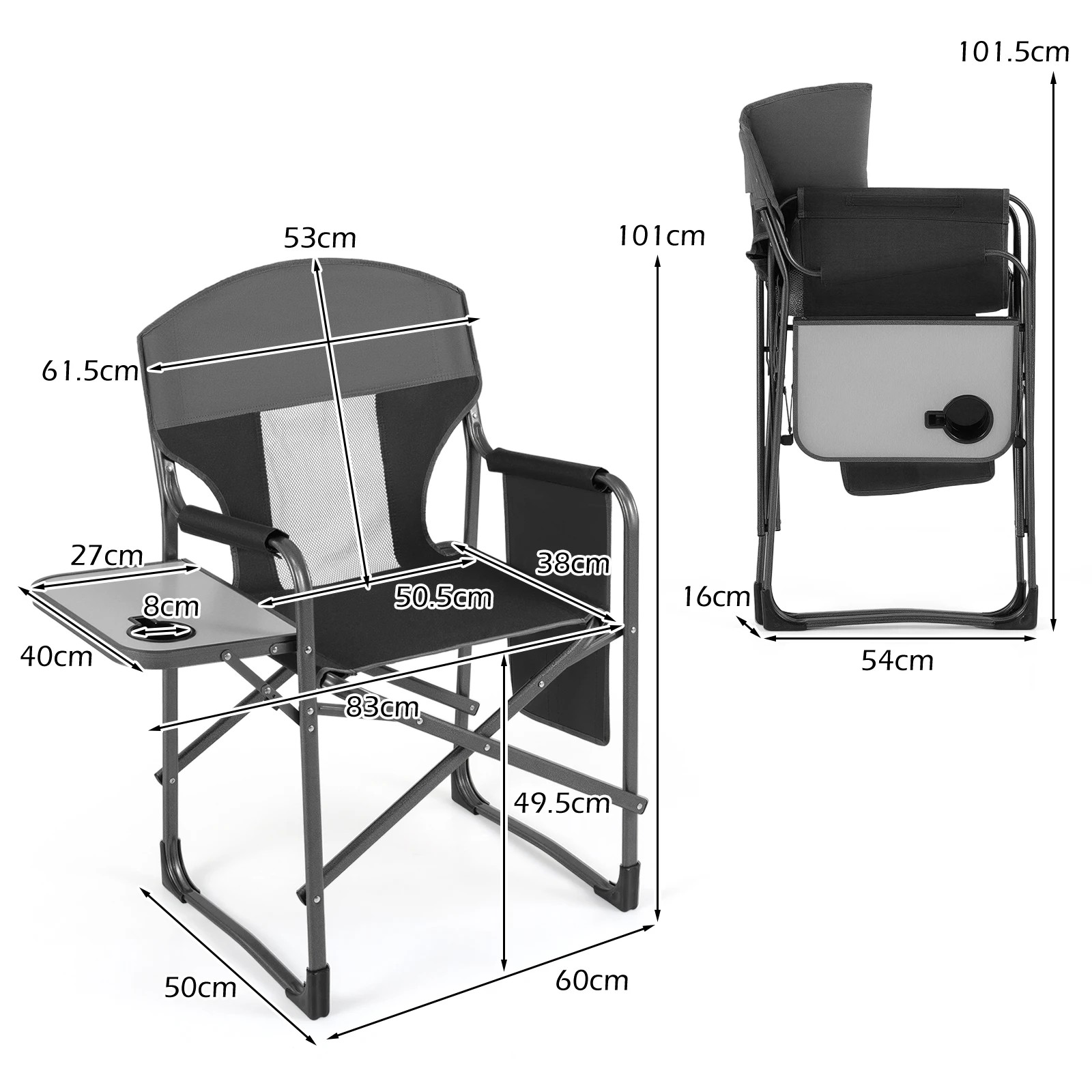 6 Costway Folding Camping Chair Oversize Padded Portable Directors Chair w/Side Table - Black, 6 of 6