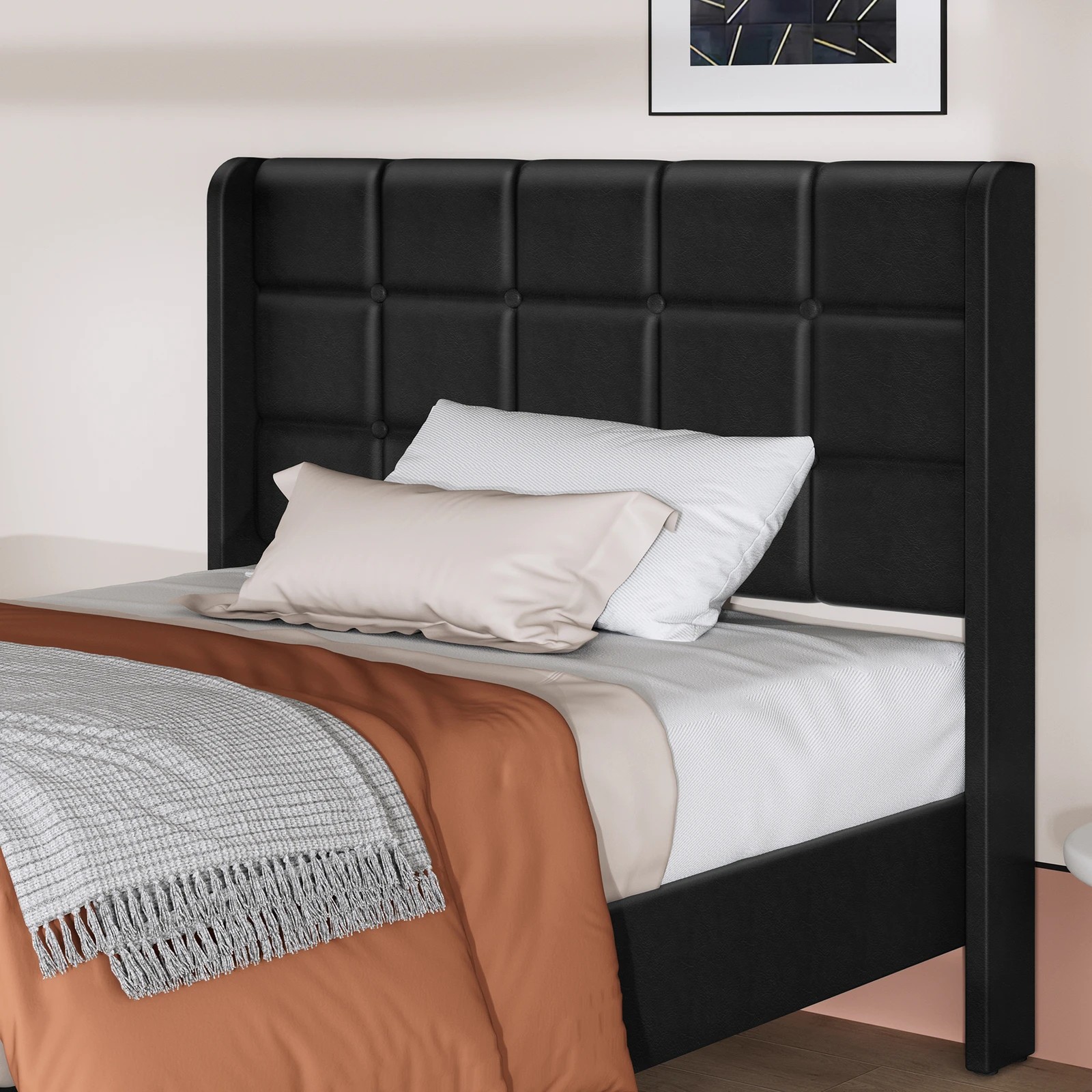 4 Alfordson Bed Frame Single Size Upholstered Wingback Base Leather Sarah - Black, 4 of 10