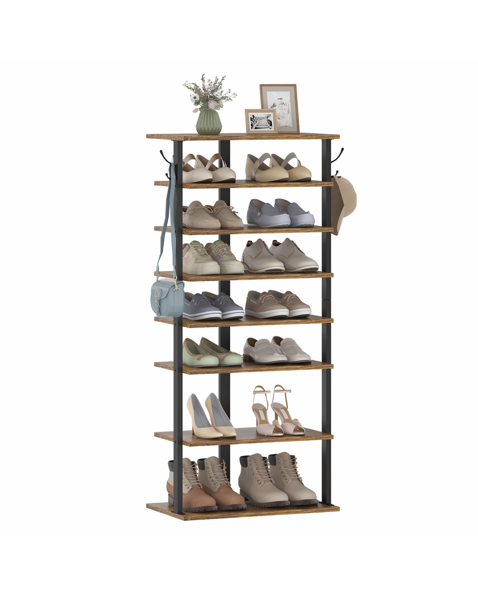 9 Advwin 8 Tier Vertical Shoe Rack Shoe Storage Organiser Narrow Shoe Tower, Rustic Brown, 9 of 10