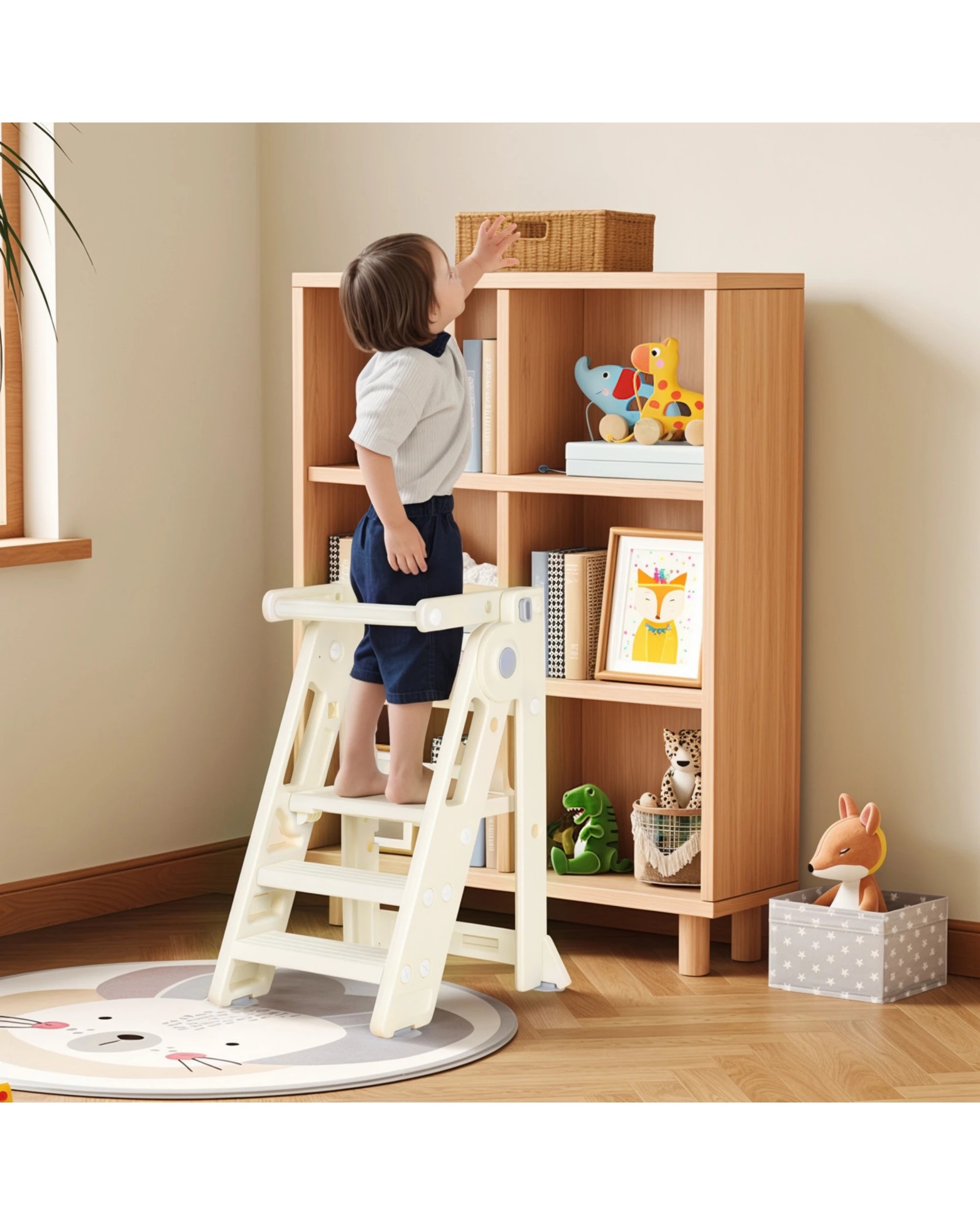 7 Advwin Foldable Kids Step Stool Adjustable Standing Tower Kitchen Helper with Safety Rail, 7 of 10
