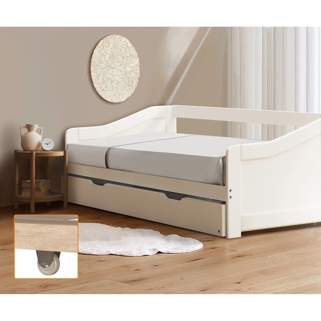 2 Oikiture Trundle Bed Frame Daybed Single Size Base Timber Wooden Single Beds X2
 - White, 2 of 10